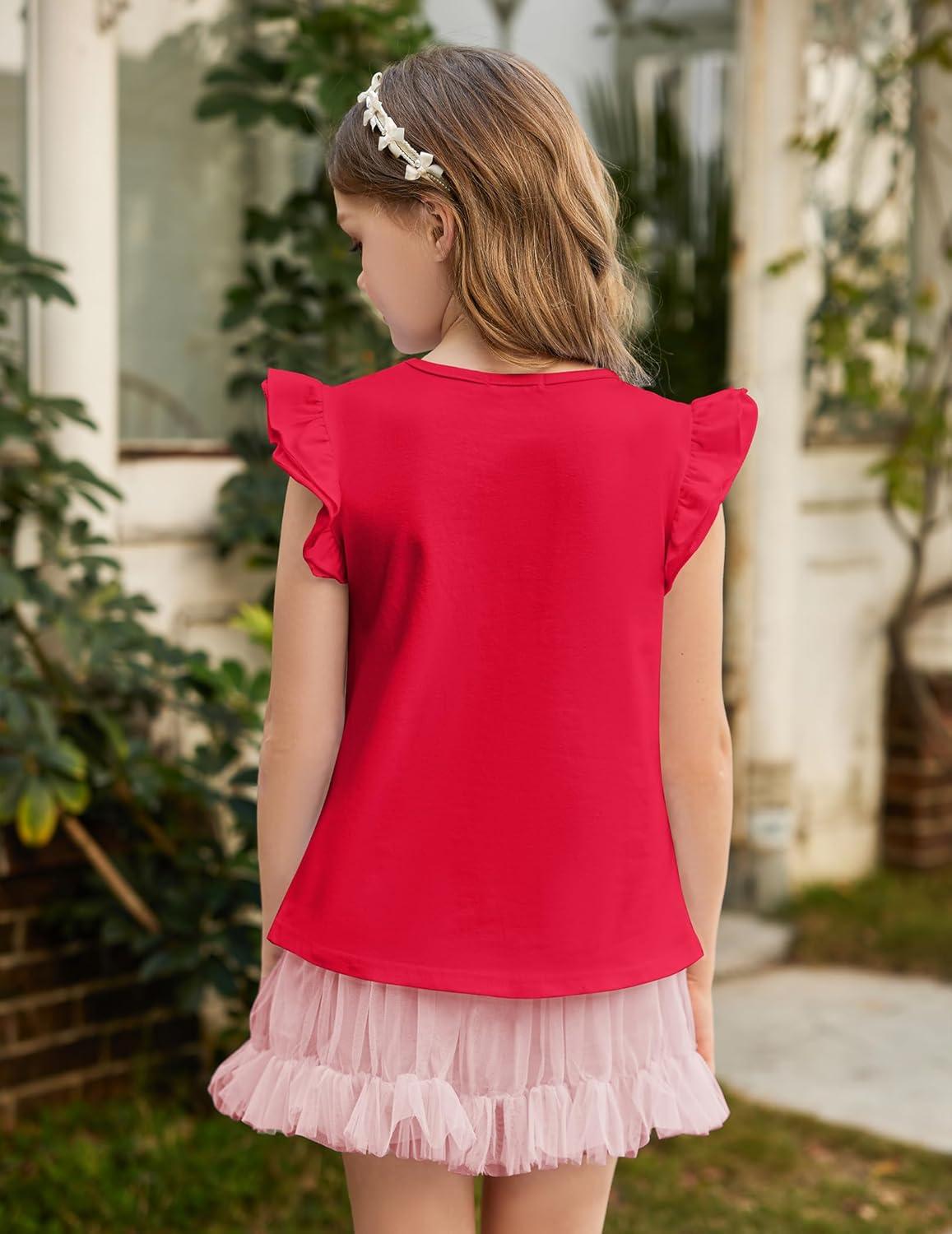 image:imageArshiner Girls Shirts Ruffle Short Sleeve Summer Cute Casual Crewneck Tops Blouse TeeRed