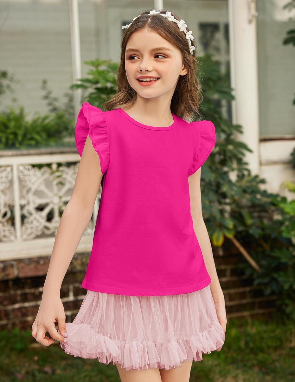 image:imageArshiner Girls Shirts Ruffle Short Sleeve Summer Cute Casual Crewneck Tops Blouse TeeRose Red