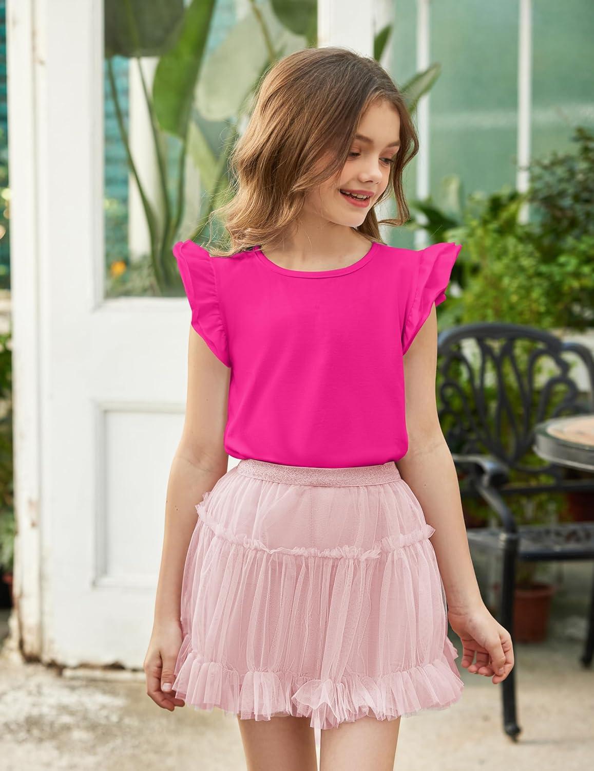 image:imageArshiner Girls Shirts Ruffle Short Sleeve Summer Cute Casual Crewneck Tops Blouse TeeRose Red