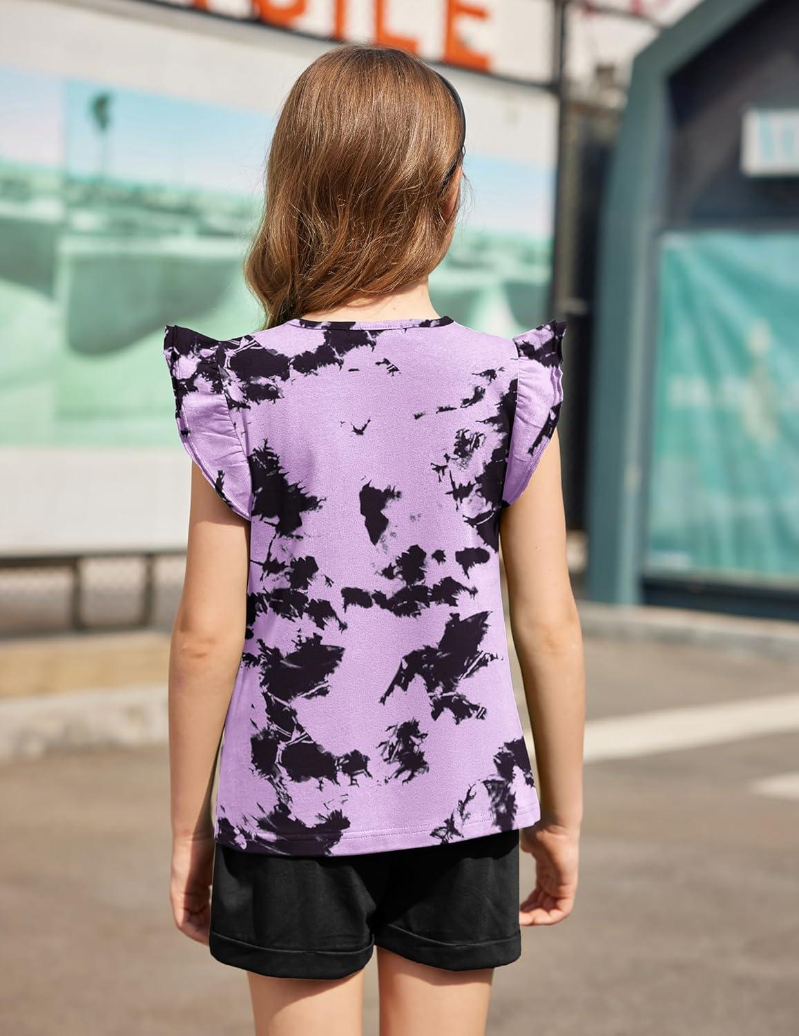 image:imageArshiner Girls Shirts Ruffle Short Sleeve Summer Cute Casual Crewneck Tops Blouse TeeTie Dye BlackLilac