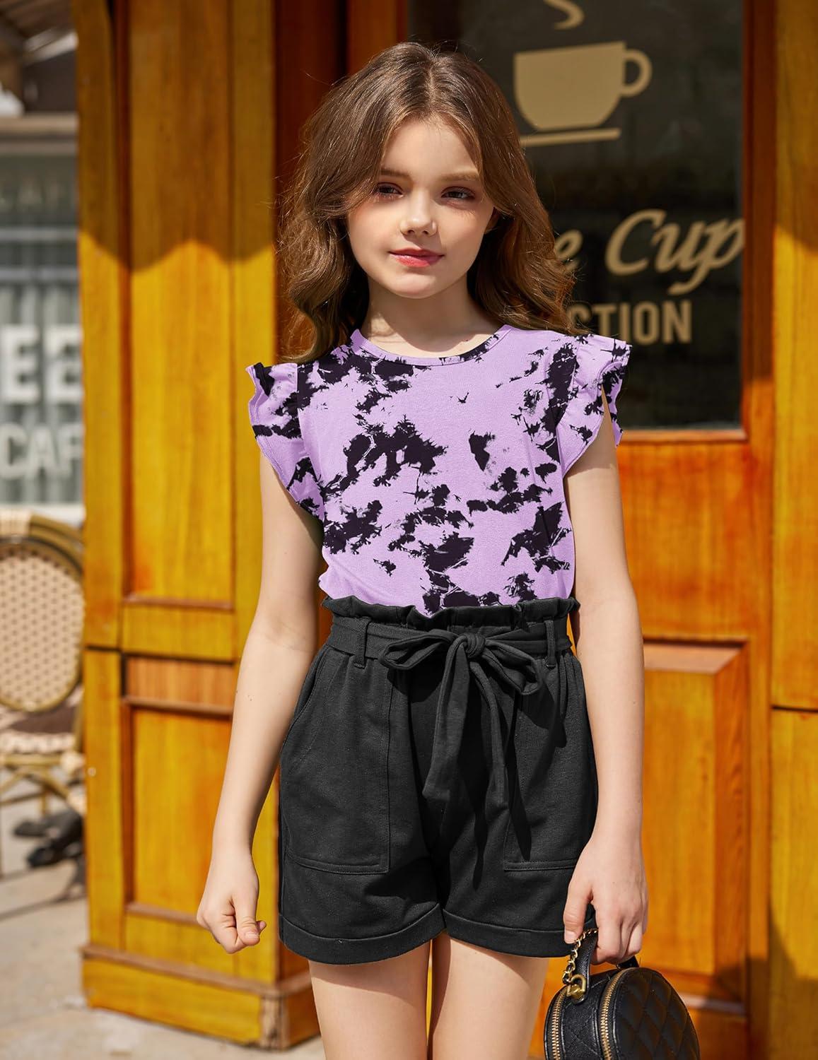 image:imageArshiner Girls Shirts Ruffle Short Sleeve Summer Cute Casual Crewneck Tops Blouse TeeTie Dye BlackLilac
