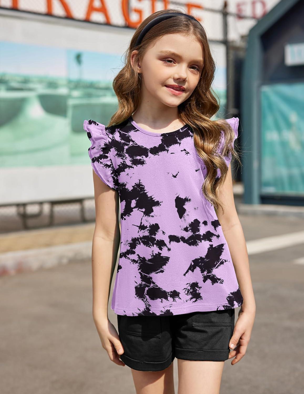 image:imageArshiner Girls Shirts Ruffle Short Sleeve Summer Cute Casual Crewneck Tops Blouse TeeTie Dye BlackLilac