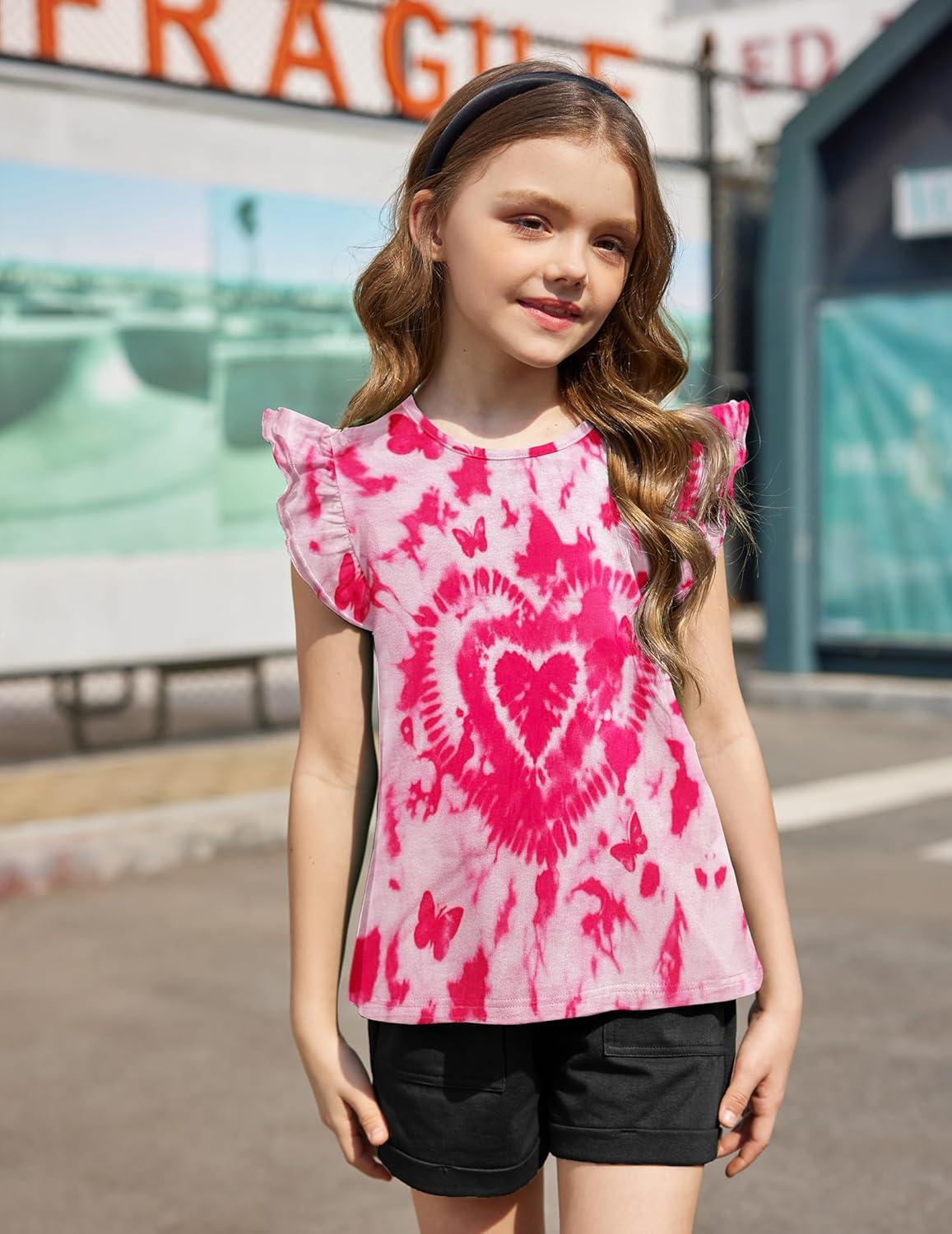image:imageArshiner Girls Shirts Ruffle Short Sleeve Summer Cute Casual Crewneck Tops Blouse TeeTie Dye Heart