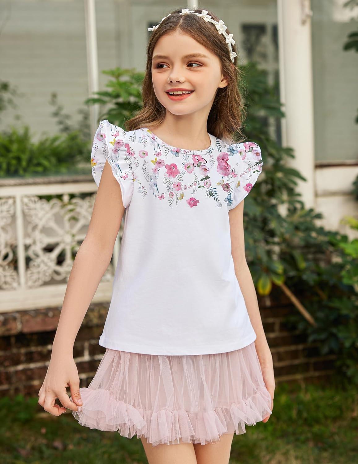 image:imageArshiner Girls Shirts Ruffle Short Sleeve Summer Cute Casual Crewneck Tops Blouse TeeWhite Flower
