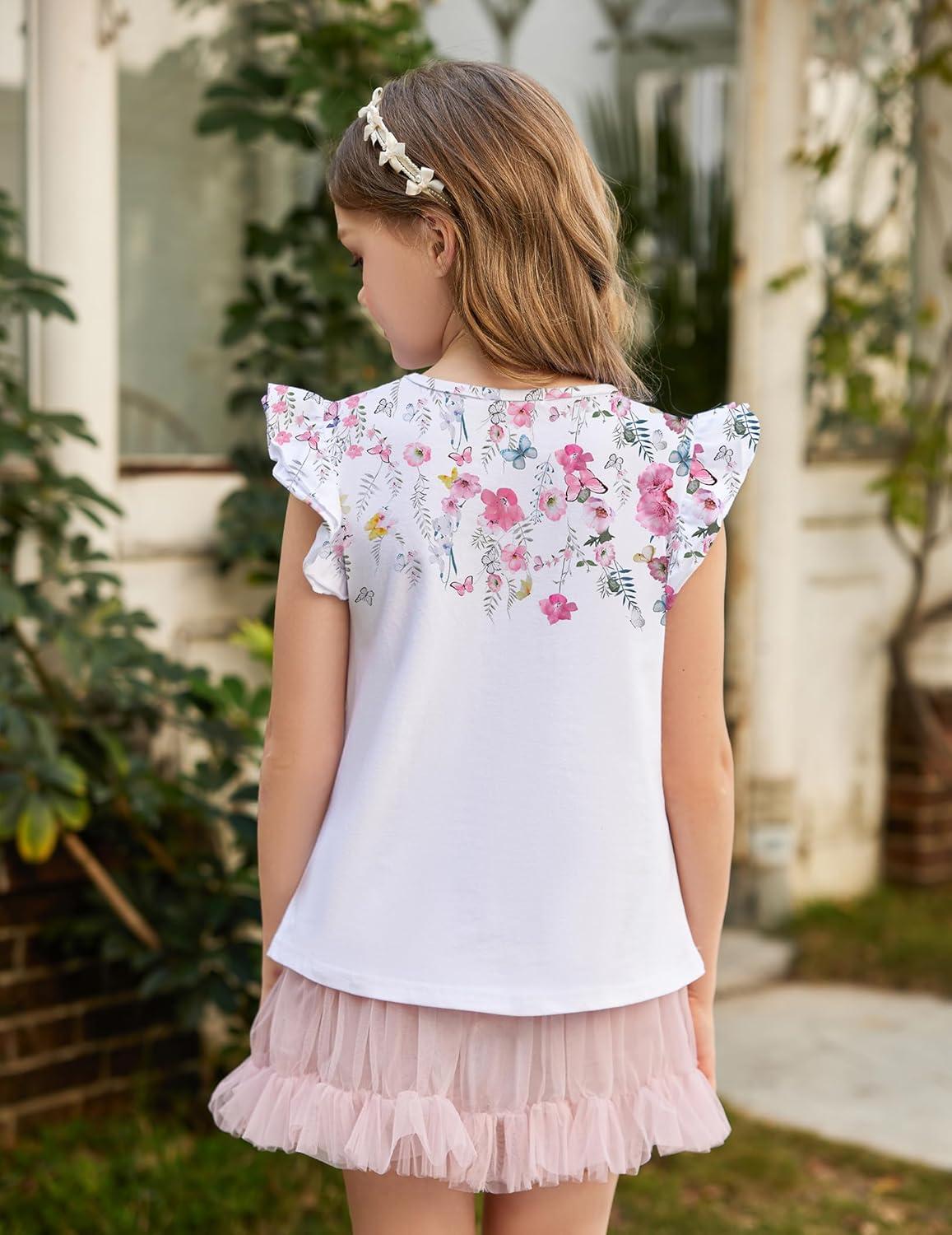 image:imageArshiner Girls Shirts Ruffle Short Sleeve Summer Cute Casual Crewneck Tops Blouse TeeWhite Flower