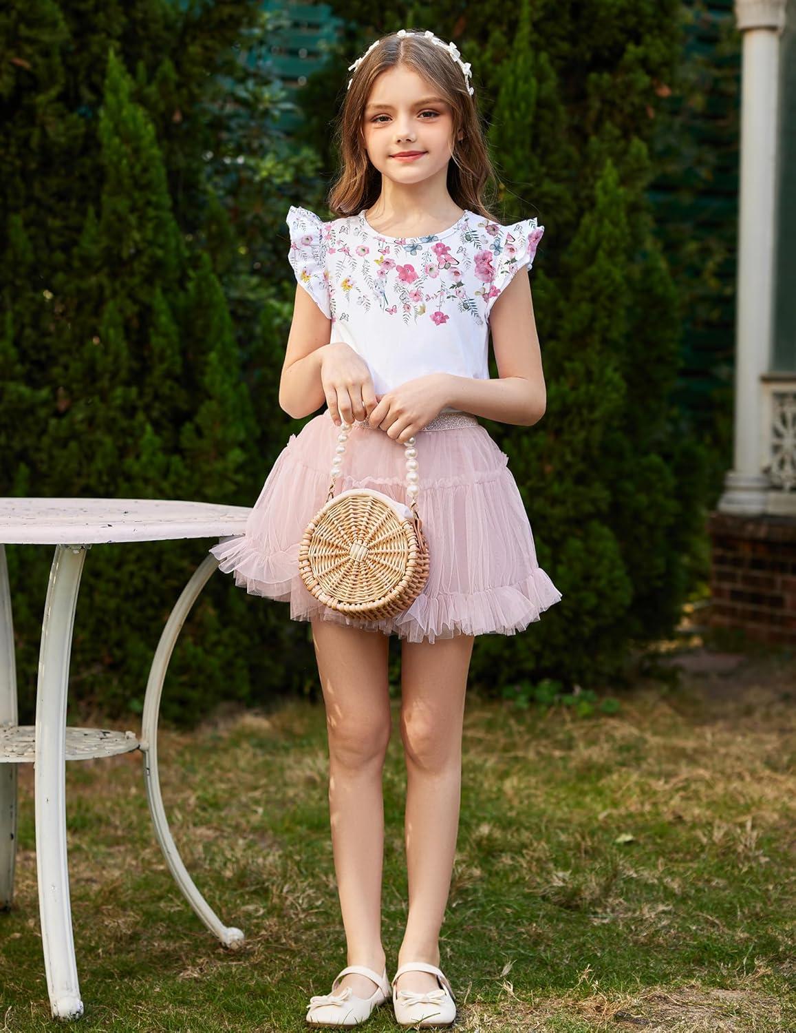 image:imageArshiner Girls Shirts Ruffle Short Sleeve Summer Cute Casual Crewneck Tops Blouse TeeWhite Flower