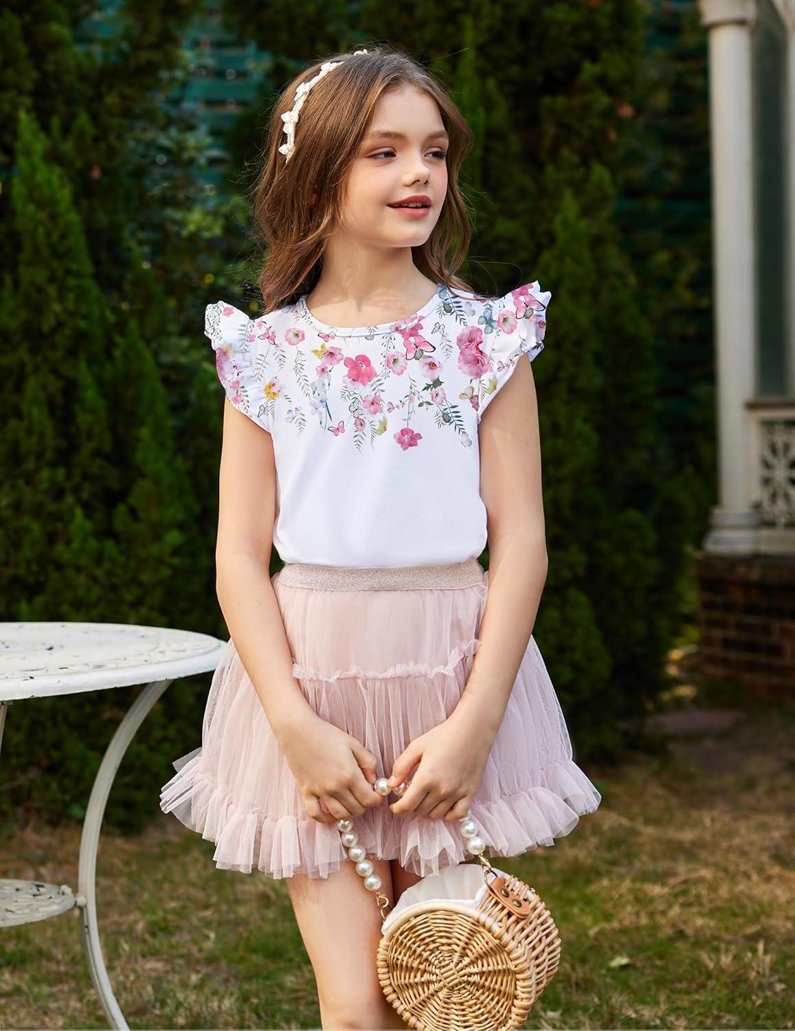 image:imageArshiner Girls Shirts Ruffle Short Sleeve Summer Cute Casual Crewneck Tops Blouse TeeWhite Flower