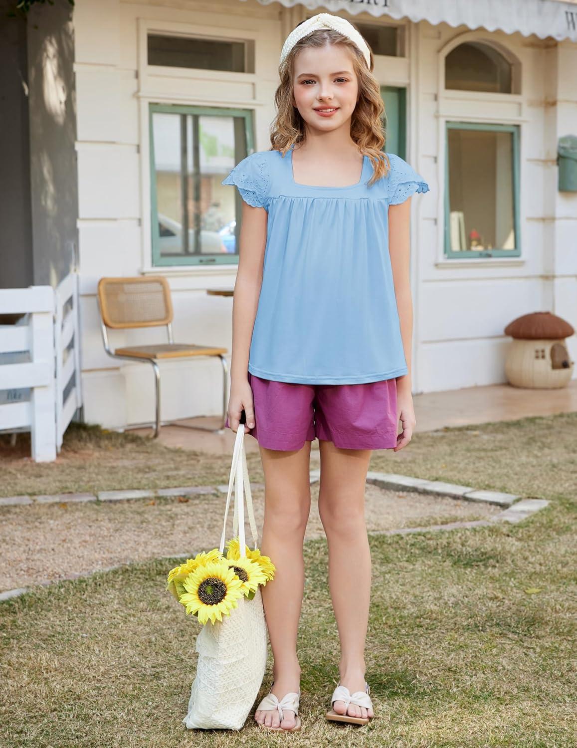 image:imageArshiner Girls Shirts Short Sleeve Square Neck Summer Lace Openwork Pleated Tops Blouse TunicLight Blue