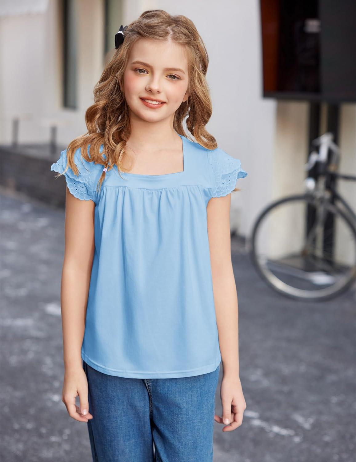 image:imageArshiner Girls Shirts Short Sleeve Square Neck Summer Lace Openwork Pleated Tops Blouse TunicLight Blue