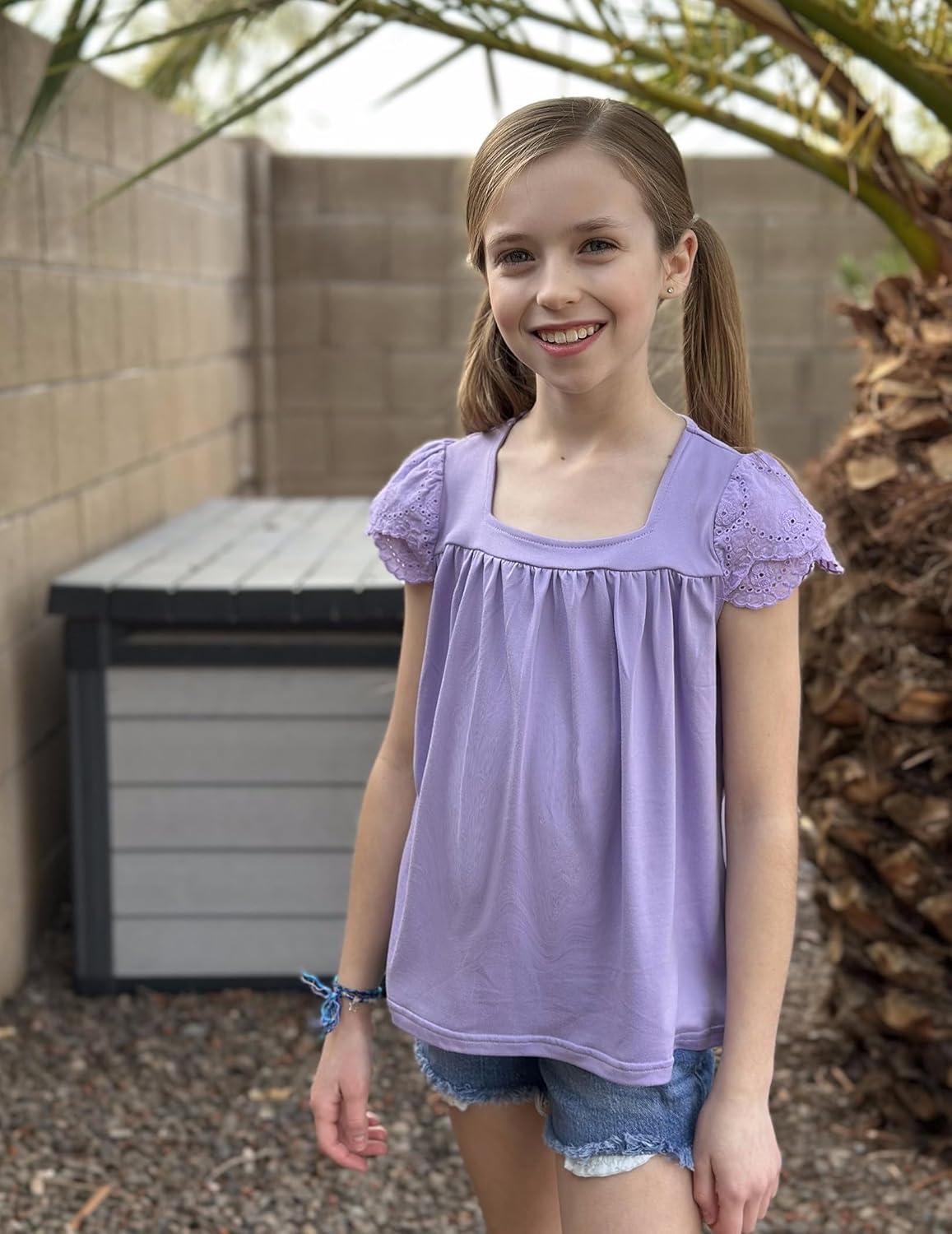 image:imageArshiner Girls Shirts Short Sleeve Square Neck Summer Lace Openwork Pleated Tops Blouse TunicLilac