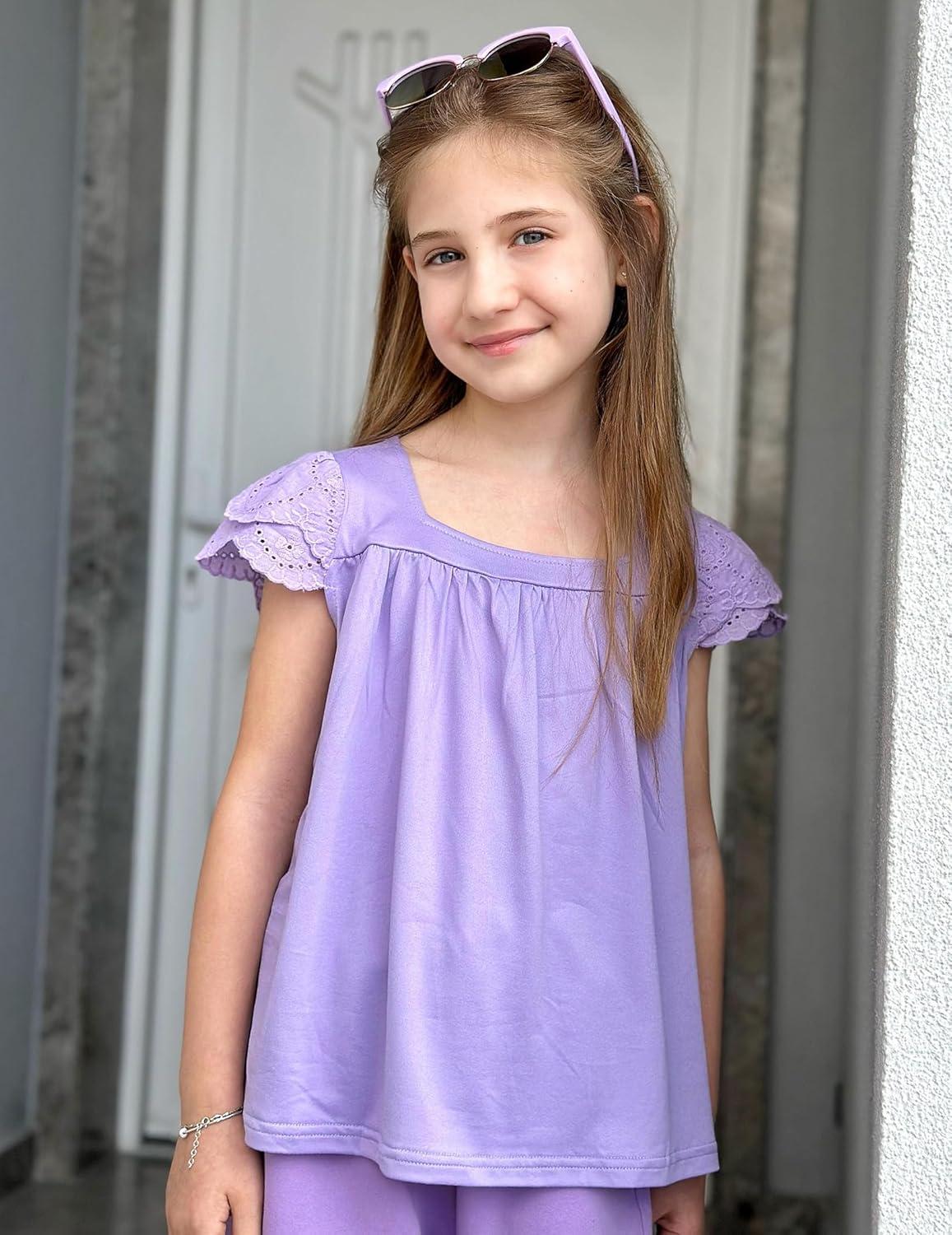 image:imageArshiner Girls Shirts Short Sleeve Square Neck Summer Lace Openwork Pleated Tops Blouse TunicLilac