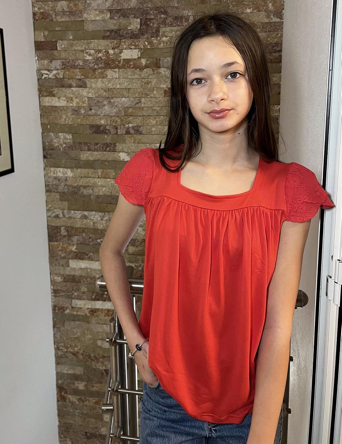 image:imageArshiner Girls Shirts Short Sleeve Square Neck Summer Lace Openwork Pleated Tops Blouse TunicRed