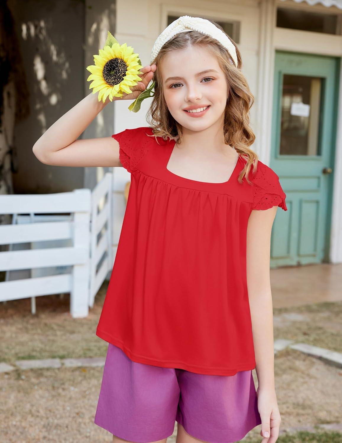 image:imageArshiner Girls Shirts Short Sleeve Square Neck Summer Lace Openwork Pleated Tops Blouse TunicRed