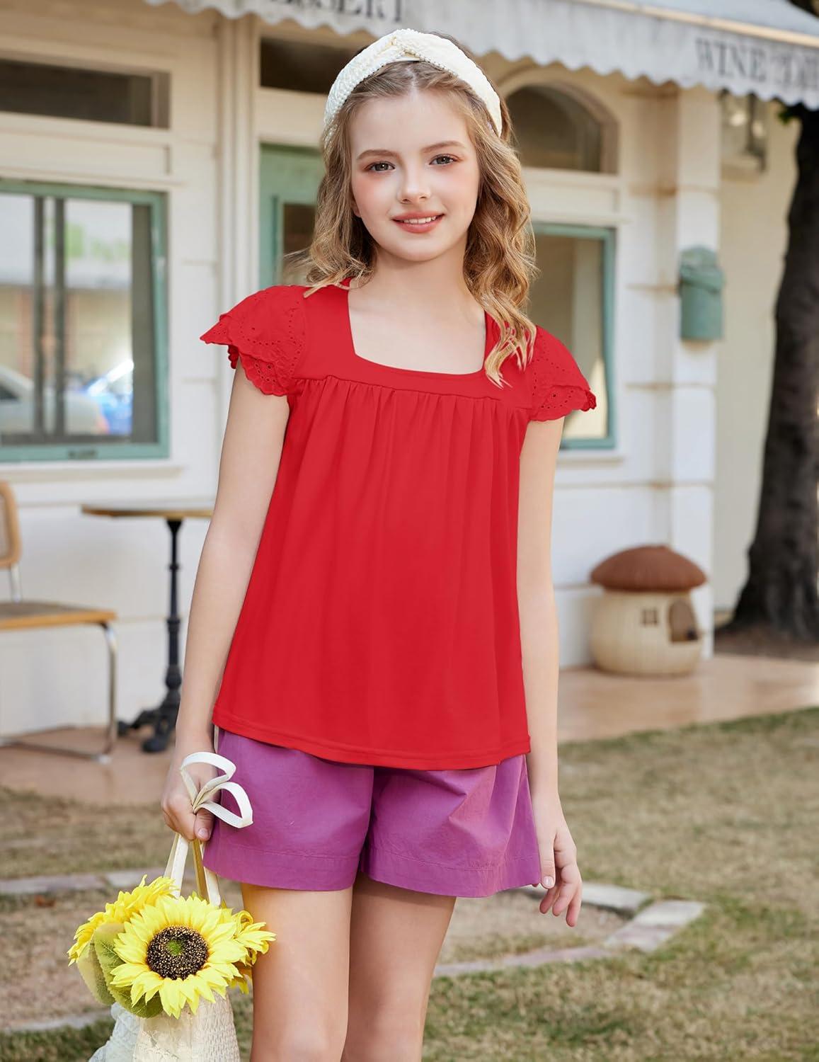 image:imageArshiner Girls Shirts Short Sleeve Square Neck Summer Lace Openwork Pleated Tops Blouse TunicRed