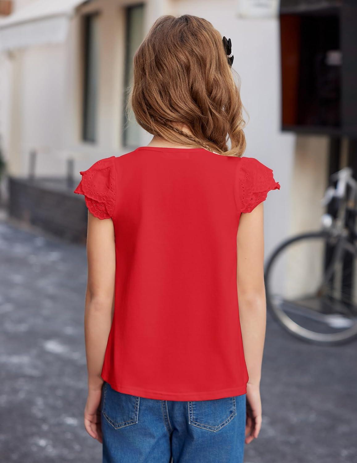 image:imageArshiner Girls Shirts Short Sleeve Square Neck Summer Lace Openwork Pleated Tops Blouse TunicRed