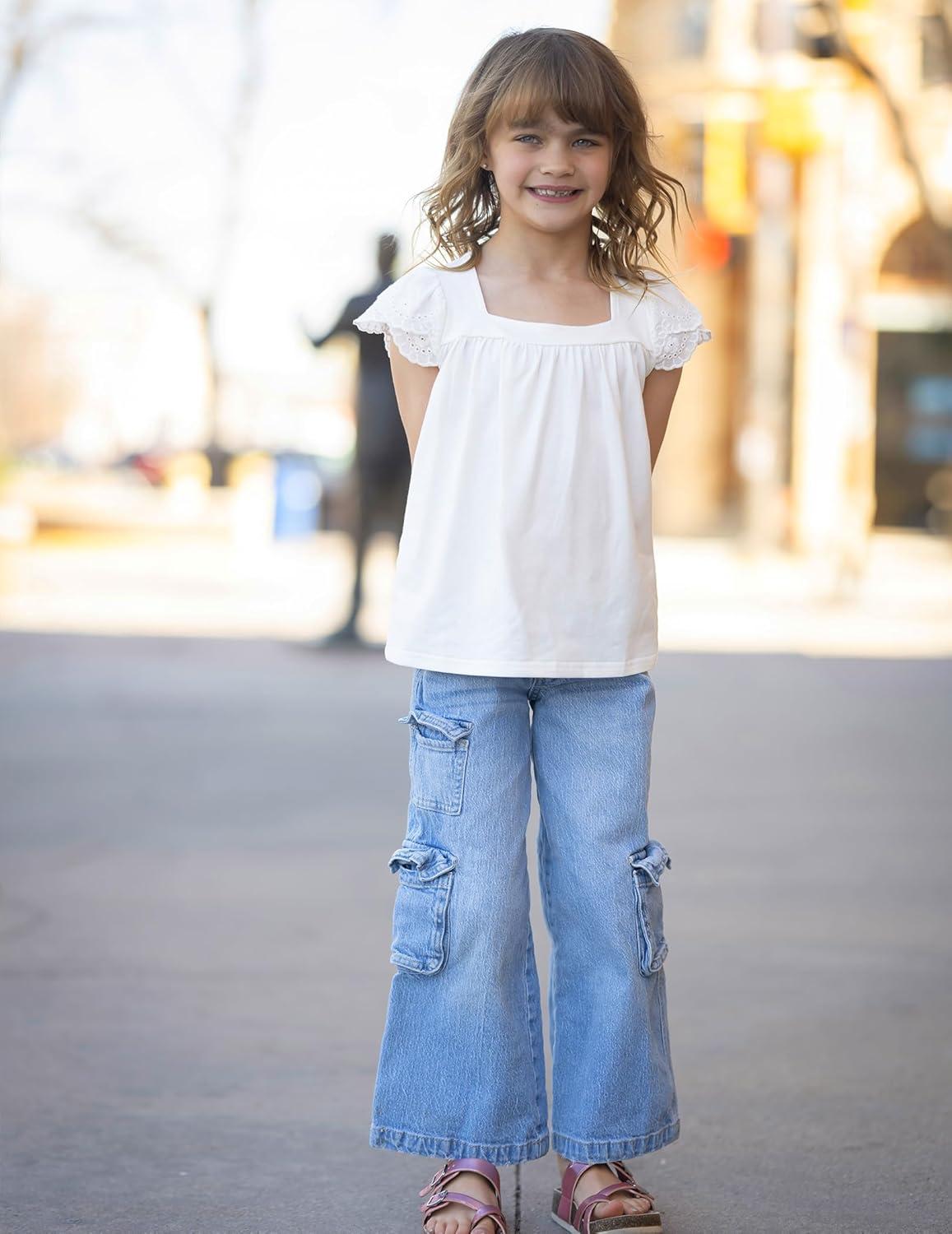 image:imageArshiner Girls Shirts Short Sleeve Square Neck Summer Lace Openwork Pleated Tops Blouse TunicWhite