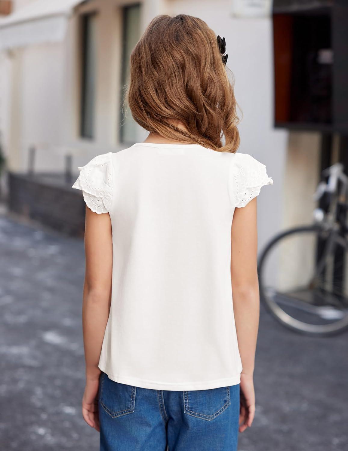 image:imageArshiner Girls Shirts Short Sleeve Square Neck Summer Lace Openwork Pleated Tops Blouse TunicWhite
