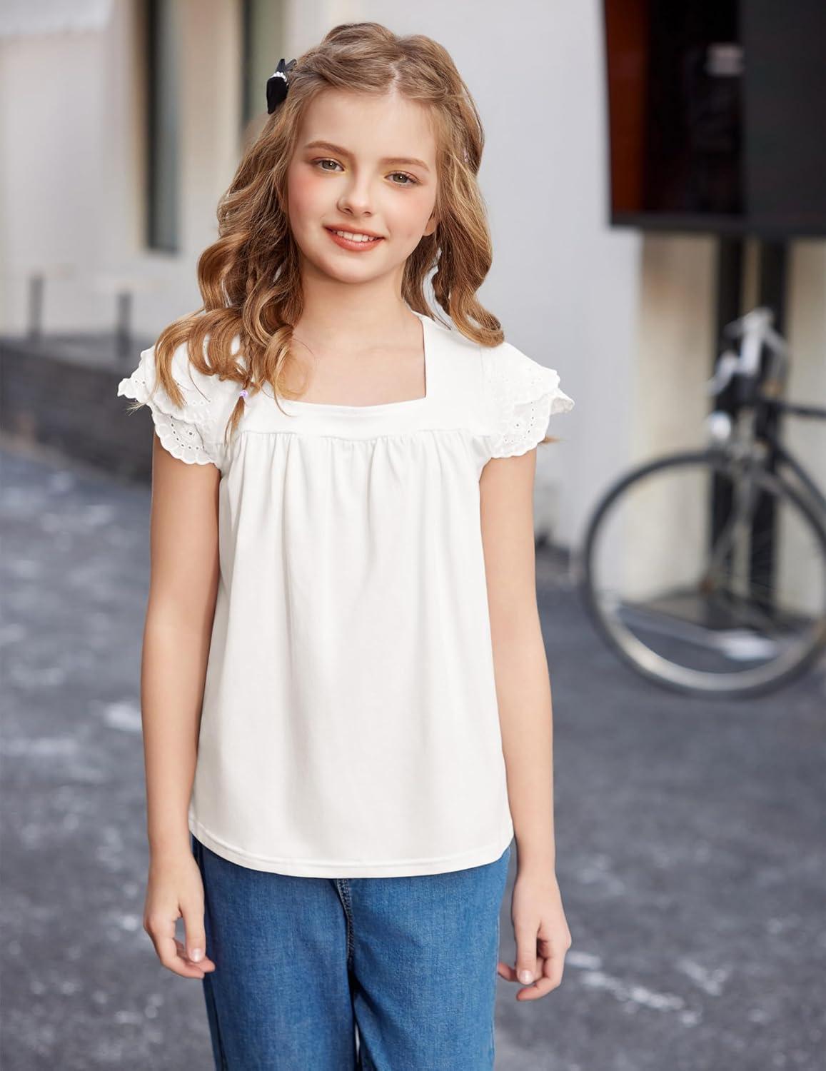 image:imageArshiner Girls Shirts Short Sleeve Square Neck Summer Lace Openwork Pleated Tops Blouse TunicWhite