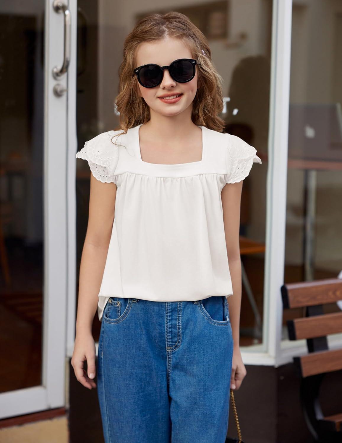 image:imageArshiner Girls Shirts Short Sleeve Square Neck Summer Lace Openwork Pleated Tops Blouse TunicWhite