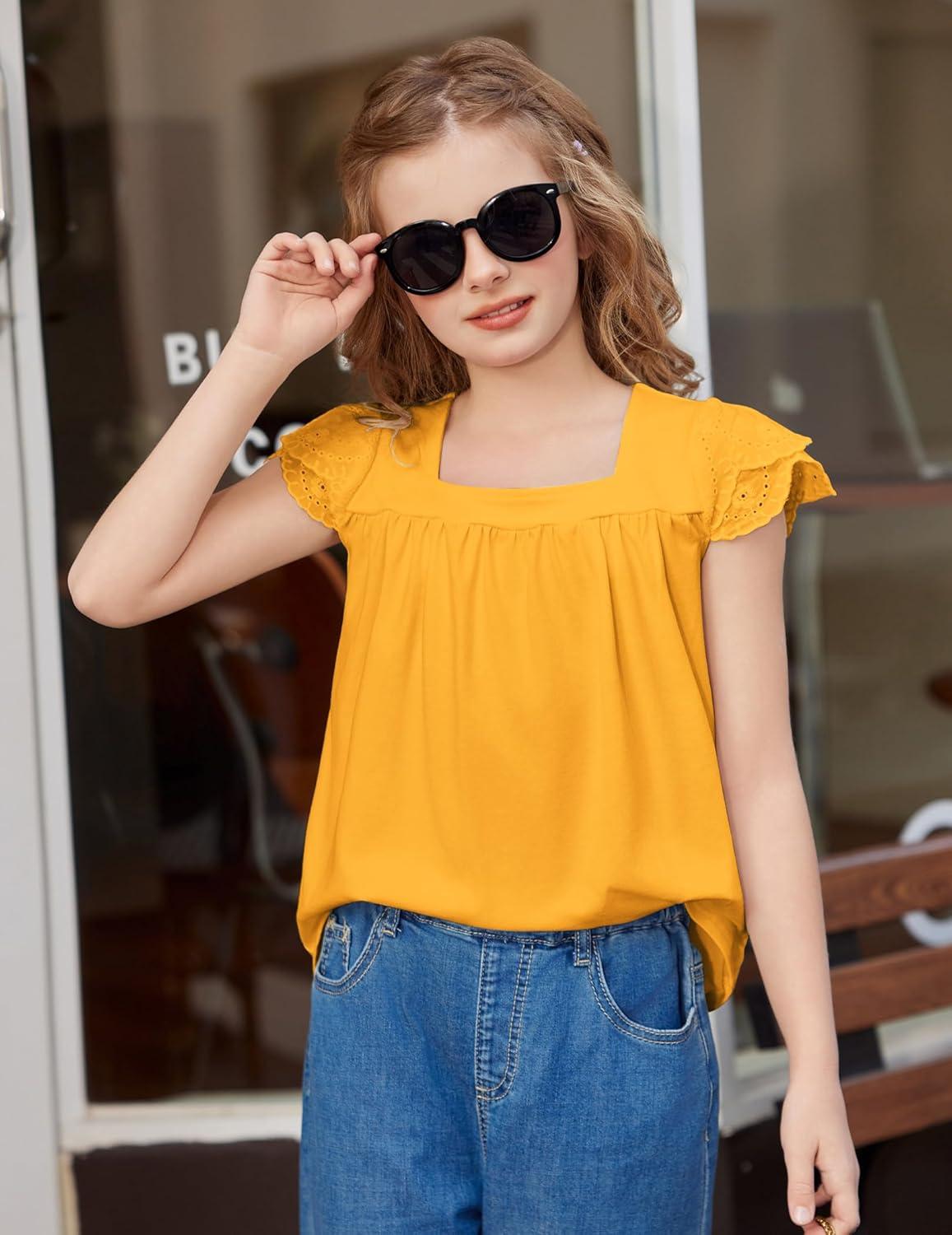 image:imageArshiner Girls Shirts Short Sleeve Square Neck Summer Lace Openwork Pleated Tops Blouse TunicYellow