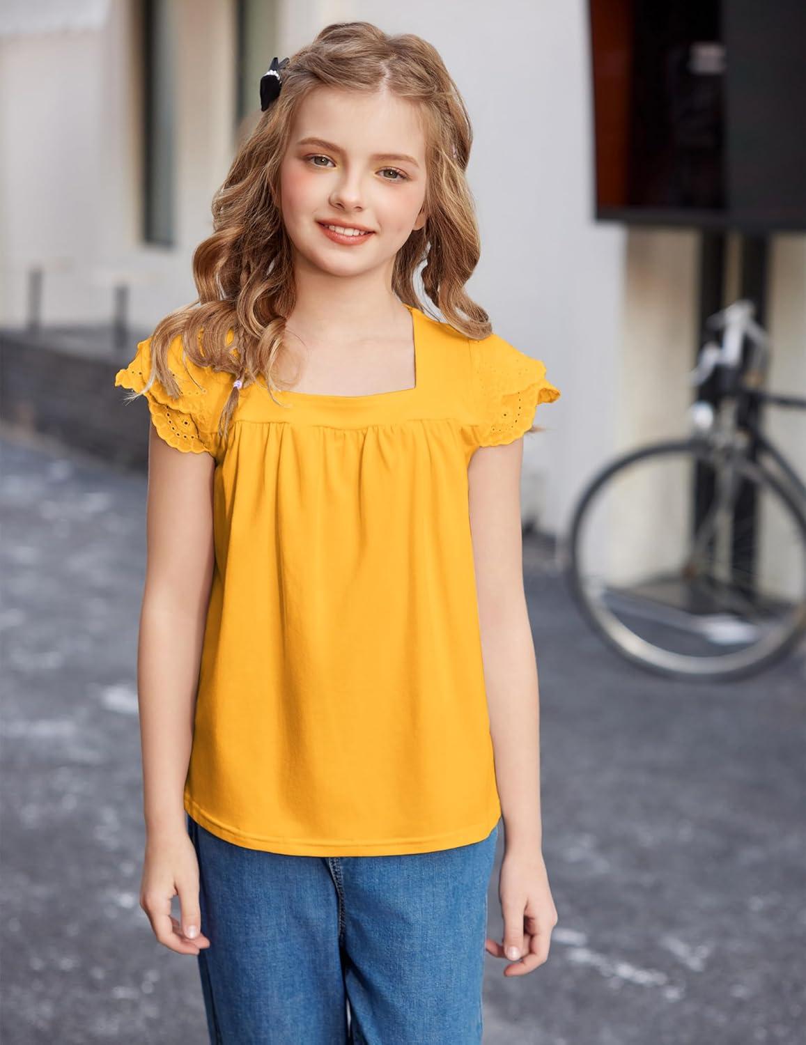 image:imageArshiner Girls Shirts Short Sleeve Square Neck Summer Lace Openwork Pleated Tops Blouse TunicYellow