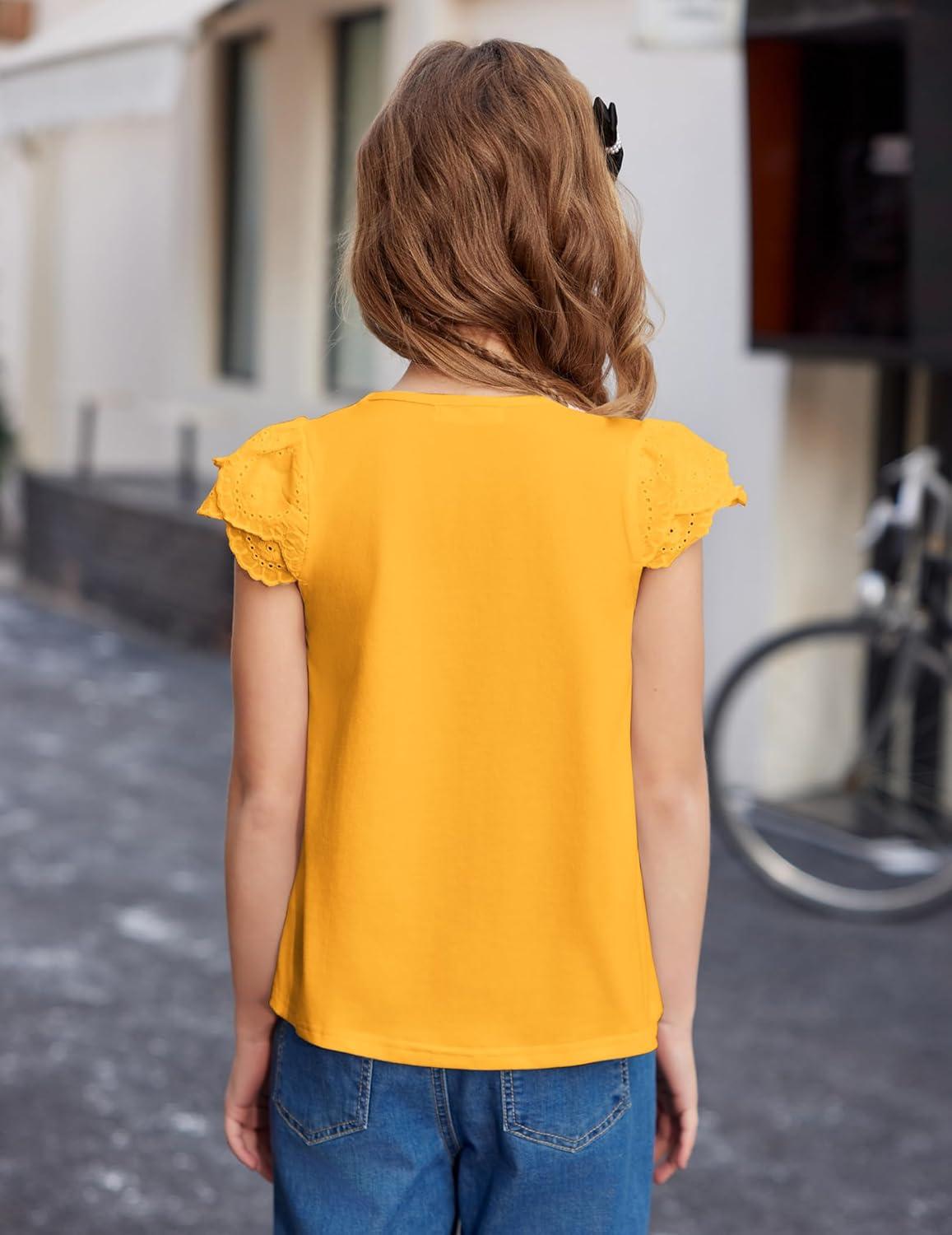 image:imageArshiner Girls Shirts Short Sleeve Square Neck Summer Lace Openwork Pleated Tops Blouse TunicYellow