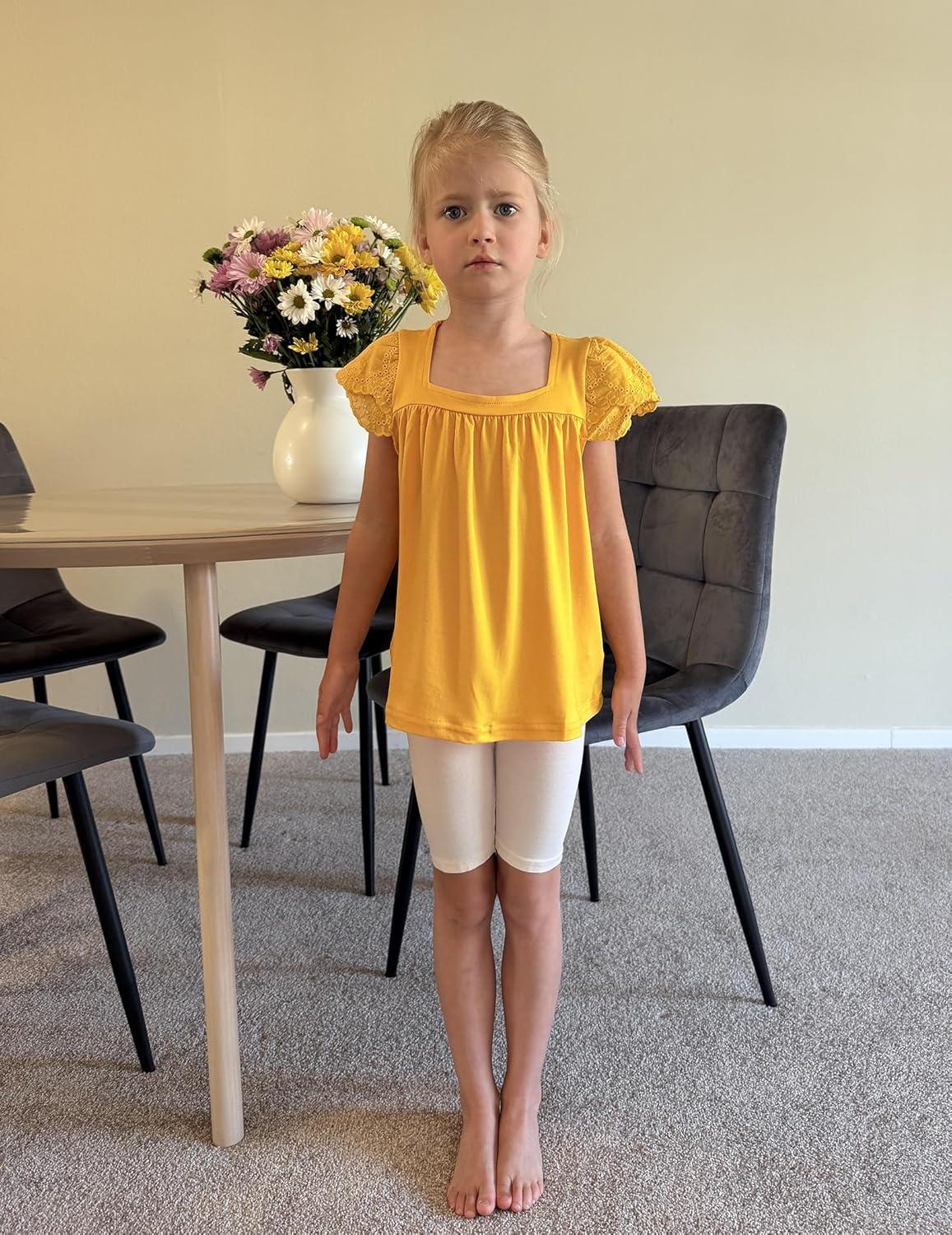 image:imageArshiner Girls Shirts Short Sleeve Square Neck Summer Lace Openwork Pleated Tops Blouse TunicYellow