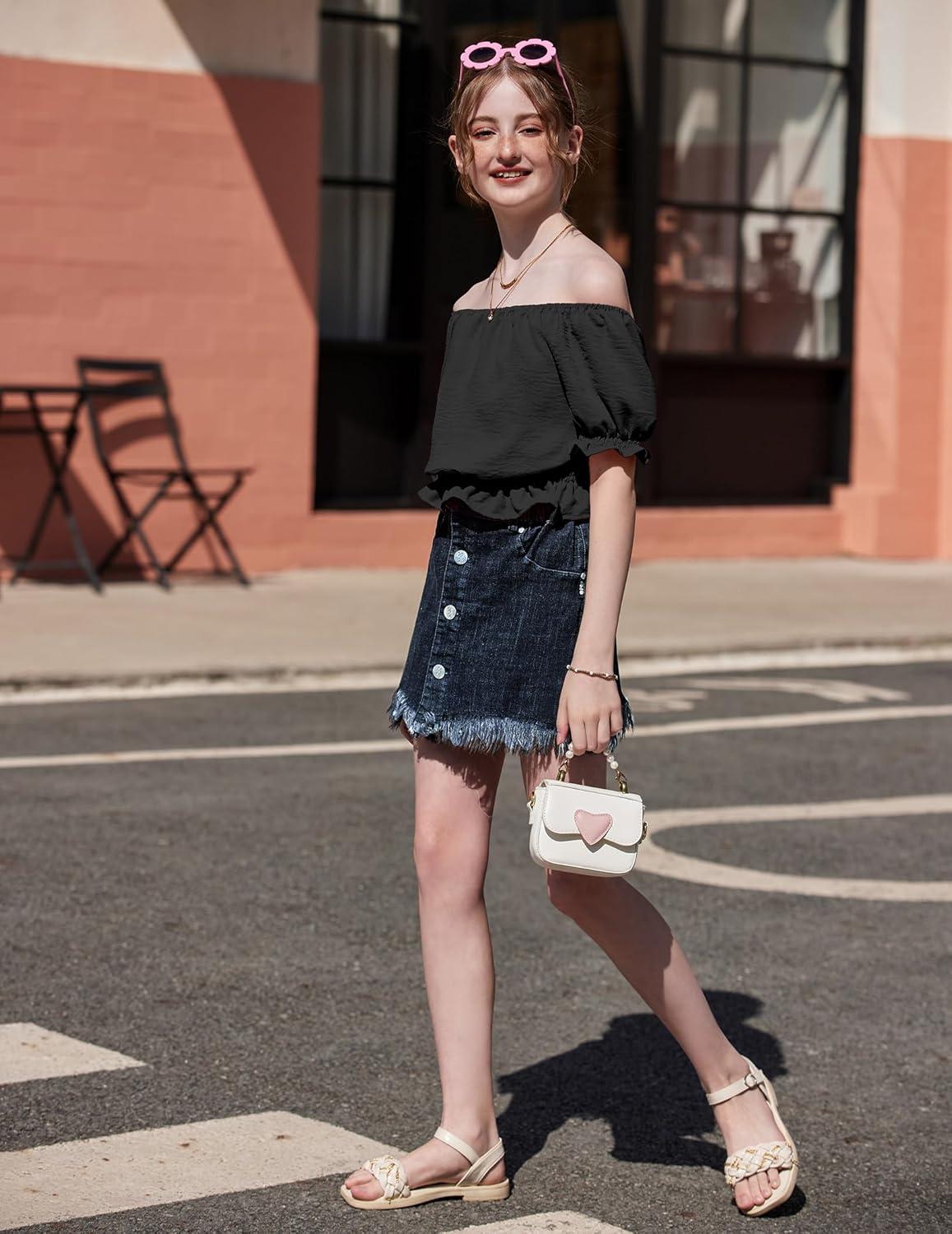 image:imageArshiner Girls Short Set 2 Piece Summer Boho Clothes TieBack Puff Sleeve Top and Shorts with Pockets for 514 YearsBlack