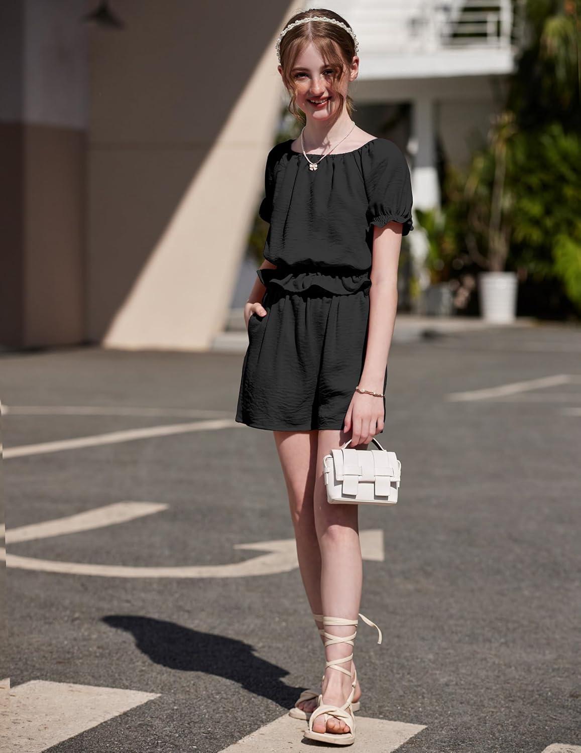 image:imageArshiner Girls Short Set 2 Piece Summer Boho Clothes TieBack Puff Sleeve Top and Shorts with Pockets for 514 YearsBlack