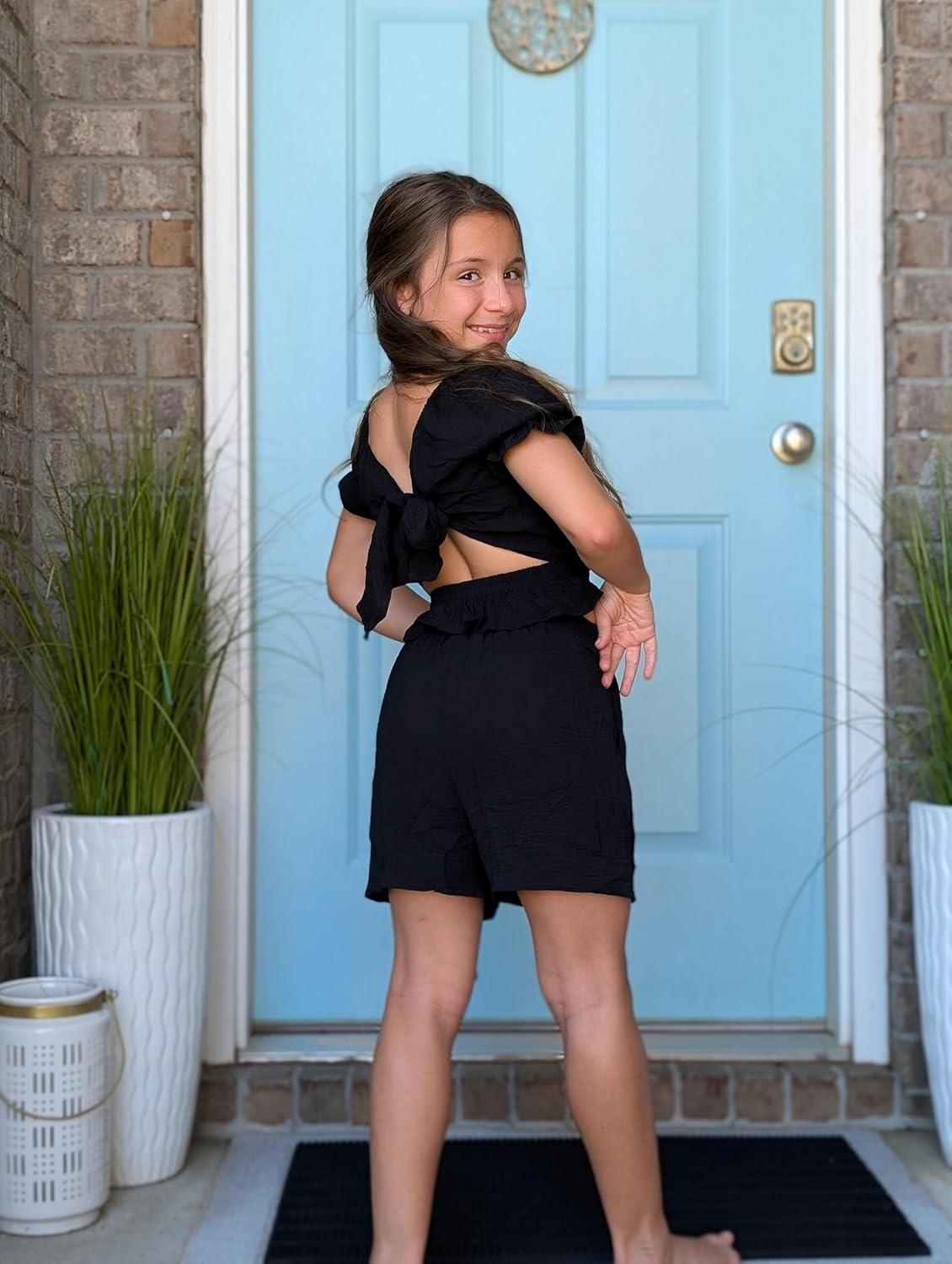 image:imageArshiner Girls Short Set 2 Piece Summer Boho Clothes TieBack Puff Sleeve Top and Shorts with Pockets for 514 YearsBlack