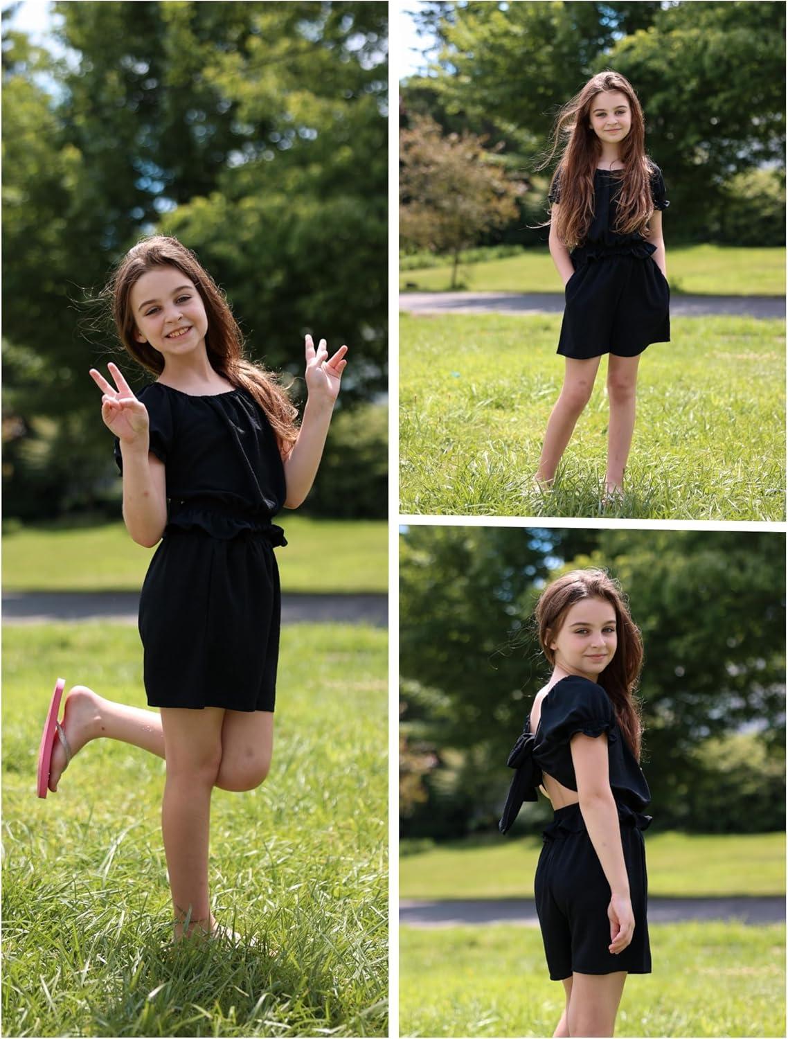 image:imageArshiner Girls Short Set 2 Piece Summer Boho Clothes TieBack Puff Sleeve Top and Shorts with Pockets for 514 YearsBlack