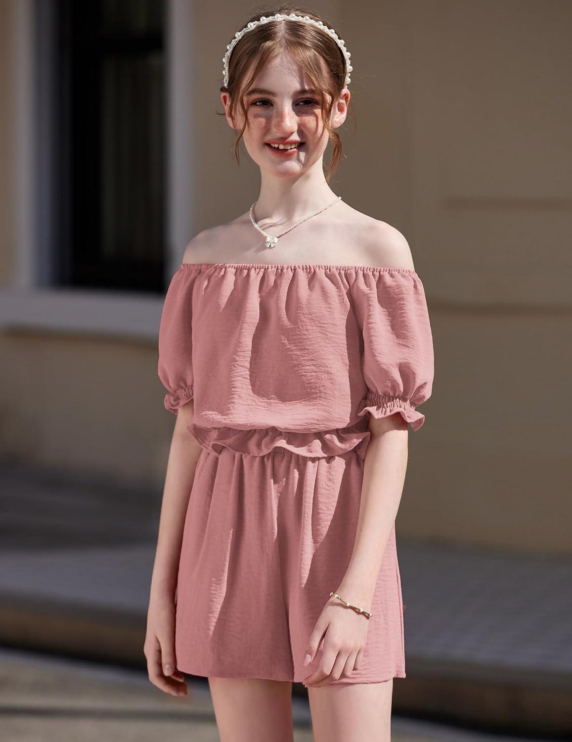 image:imageArshiner Girls Short Set 2 Piece Summer Boho Clothes TieBack Puff Sleeve Top and Shorts with Pockets for 514 YearsLight Pink