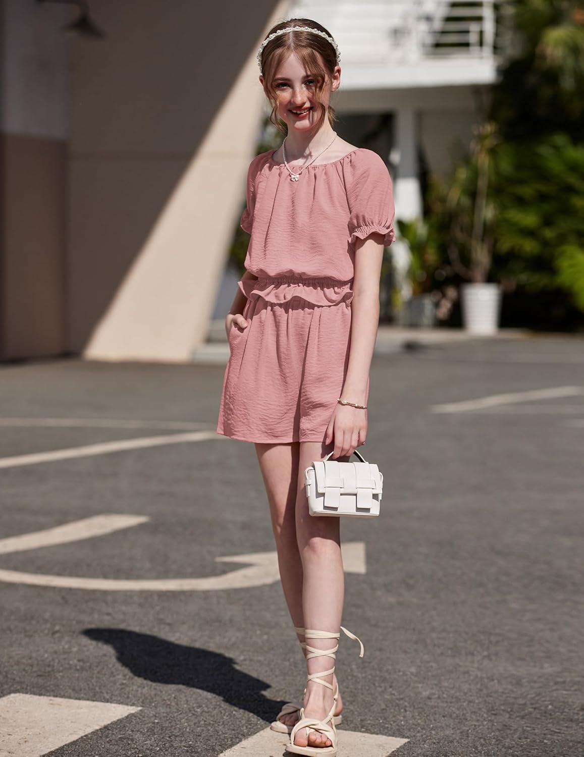 image:imageArshiner Girls Short Set 2 Piece Summer Boho Clothes TieBack Puff Sleeve Top and Shorts with Pockets for 514 YearsLight Pink