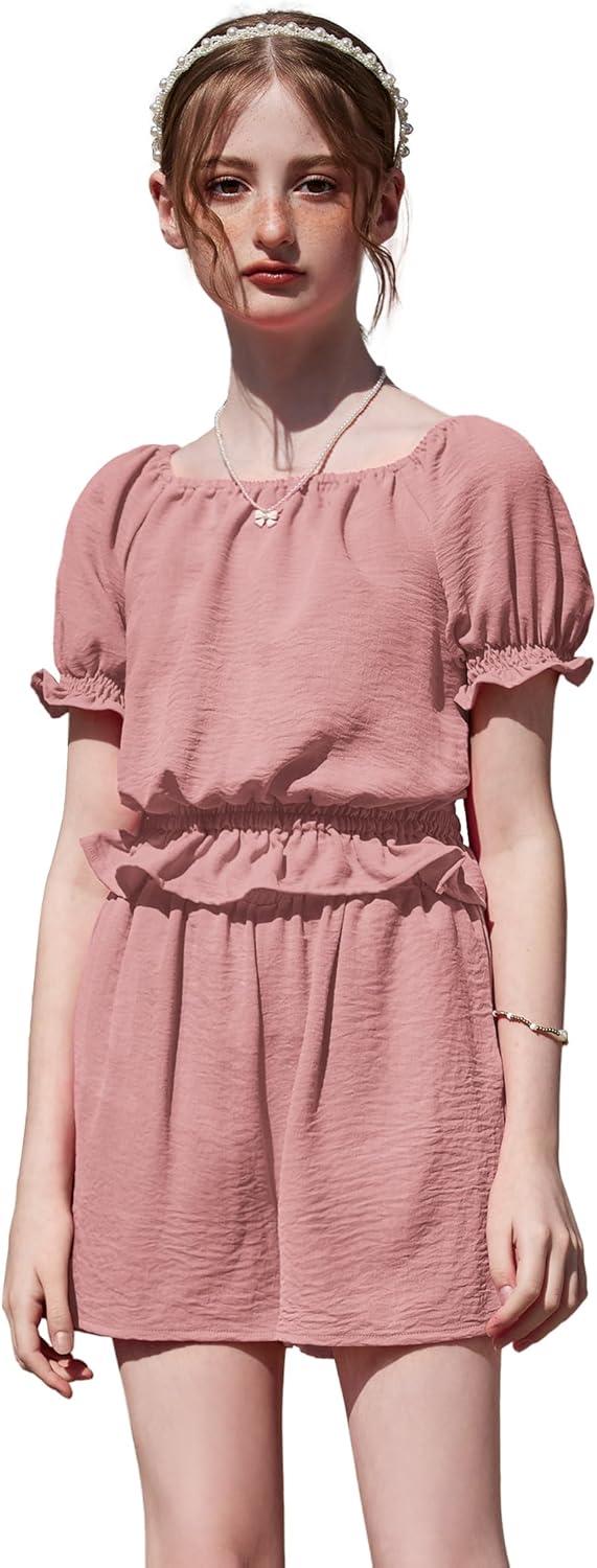 image:imageArshiner Girls Short Set 2 Piece Summer Boho Clothes TieBack Puff Sleeve Top and Shorts with Pockets for 514 YearsLight Pink