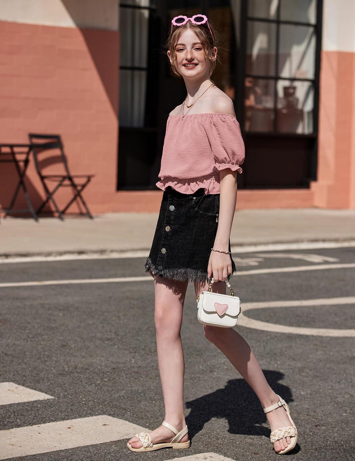 image:imageArshiner Girls Short Set 2 Piece Summer Boho Clothes TieBack Puff Sleeve Top and Shorts with Pockets for 514 YearsLight Pink