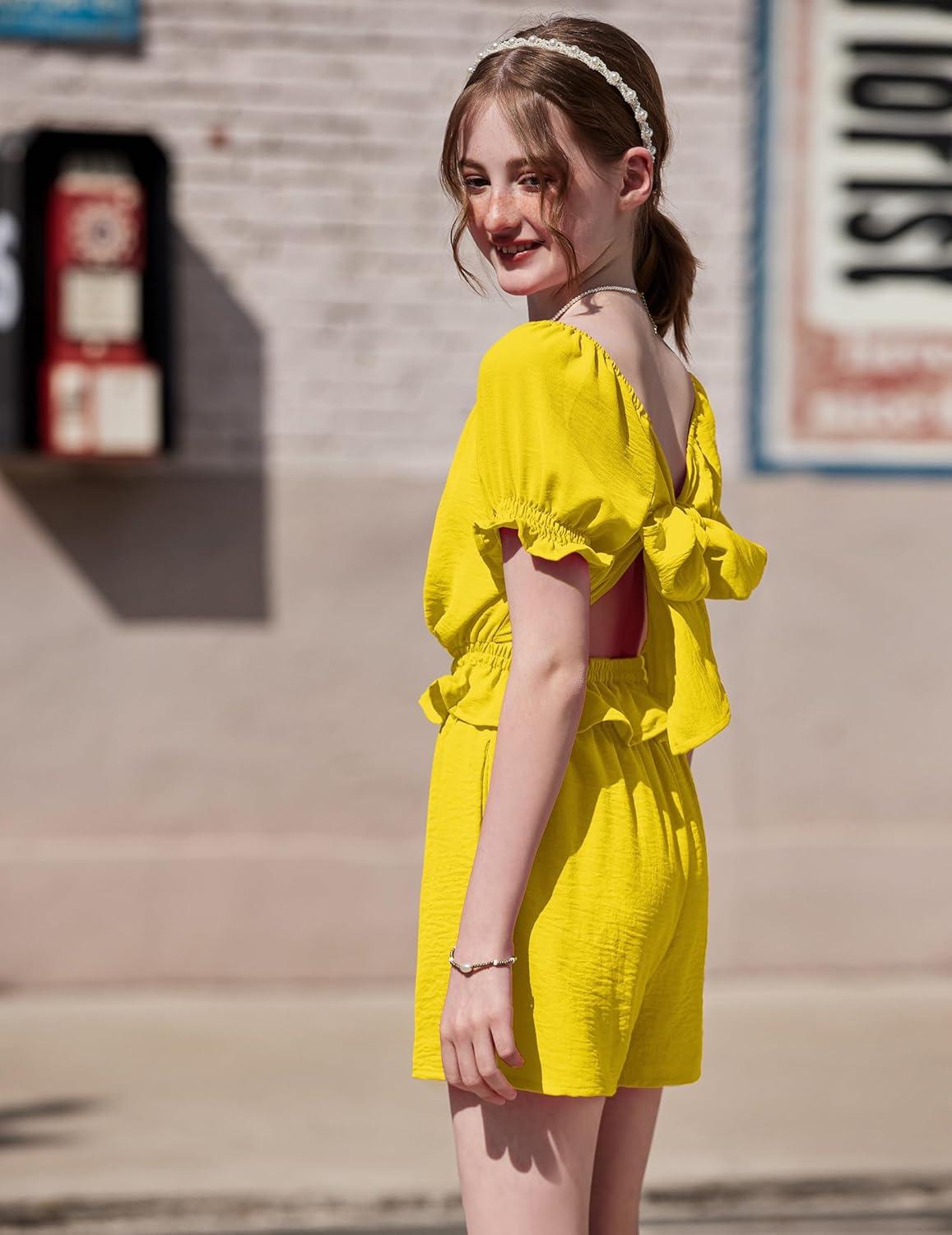 image:imageArshiner Girls Short Set 2 Piece Summer Boho Clothes TieBack Puff Sleeve Top and Shorts with Pockets for 514 YearsYellow