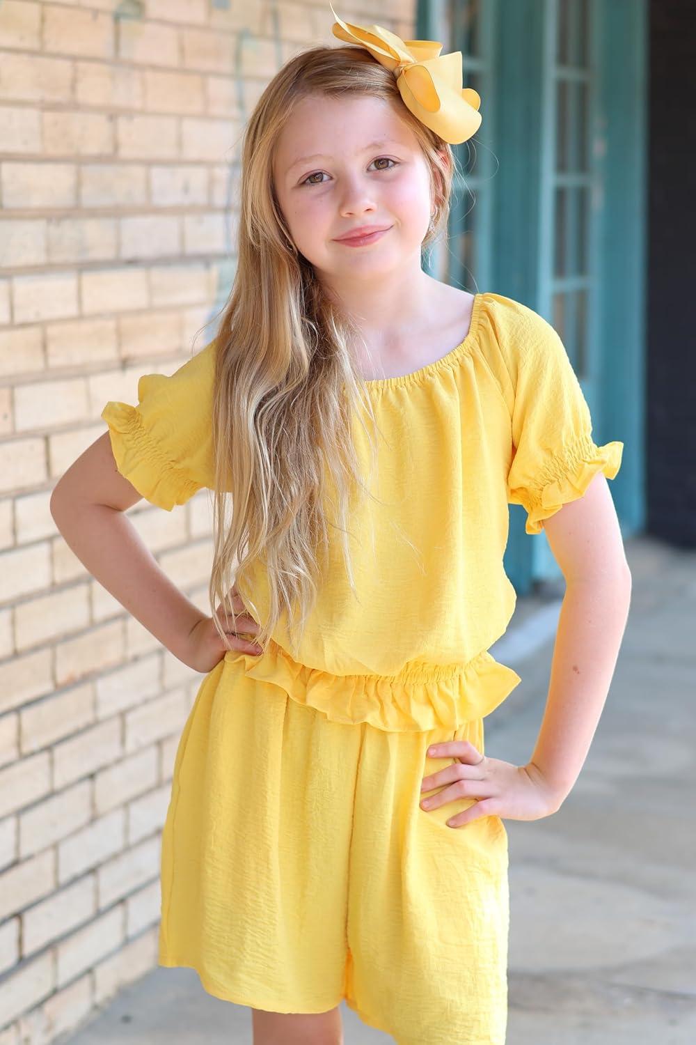 image:imageArshiner Girls Short Set 2 Piece Summer Boho Clothes TieBack Puff Sleeve Top and Shorts with Pockets for 514 YearsYellow