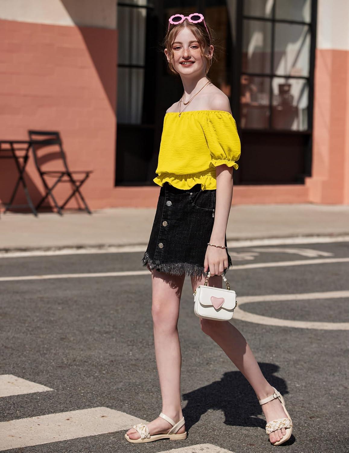 image:imageArshiner Girls Short Set 2 Piece Summer Boho Clothes TieBack Puff Sleeve Top and Shorts with Pockets for 514 YearsYellow