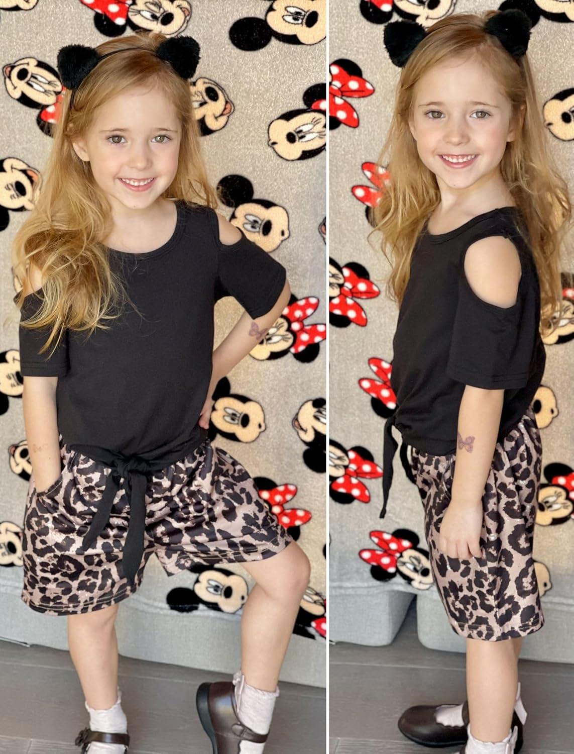 image:imageArshiner Girls Short Sets 2 Pieces Outfits Short Sleeve Tie Knot TShirts and Casual Shorts With Pockets Cute Clothes SetsBlack Leopard Print