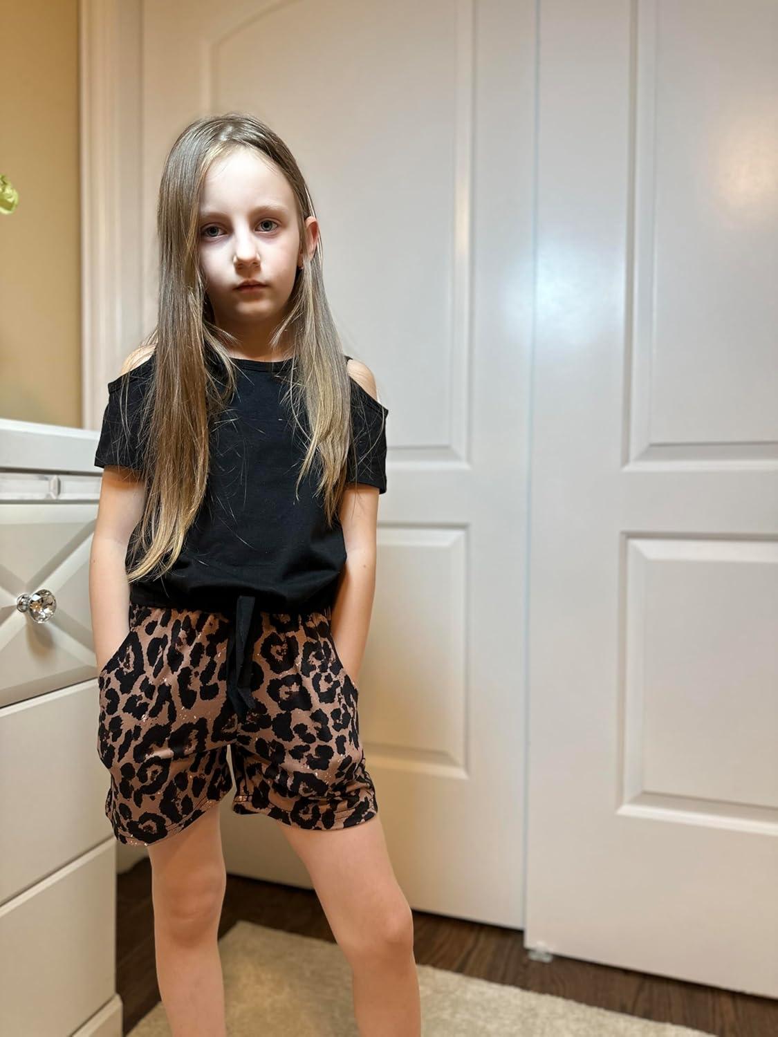 image:imageArshiner Girls Short Sets 2 Pieces Outfits Short Sleeve Tie Knot TShirts and Casual Shorts With Pockets Cute Clothes SetsBlack Leopard Print