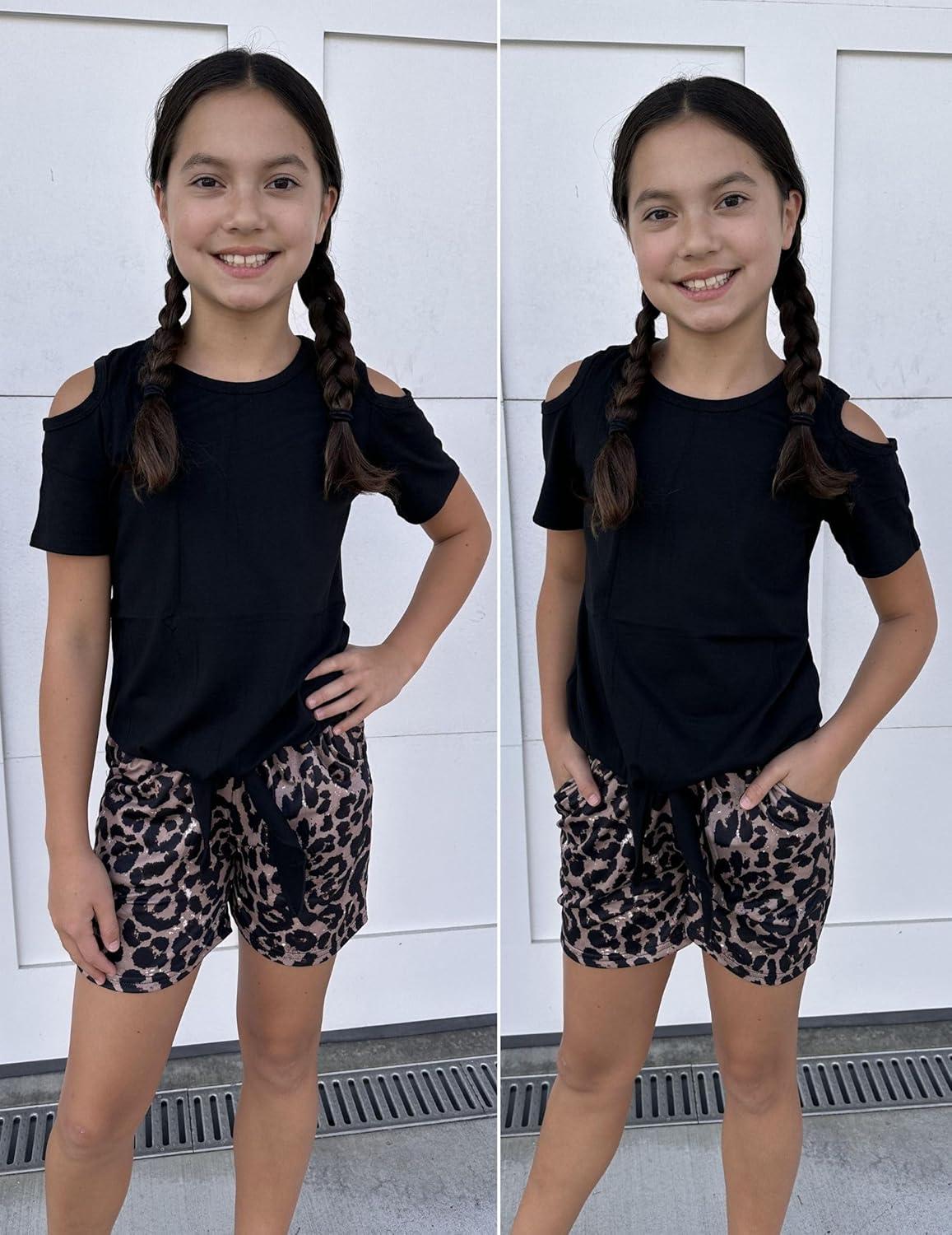 image:imageArshiner Girls Short Sets 2 Pieces Outfits Short Sleeve Tie Knot TShirts and Casual Shorts With Pockets Cute Clothes SetsBlack Leopard Print