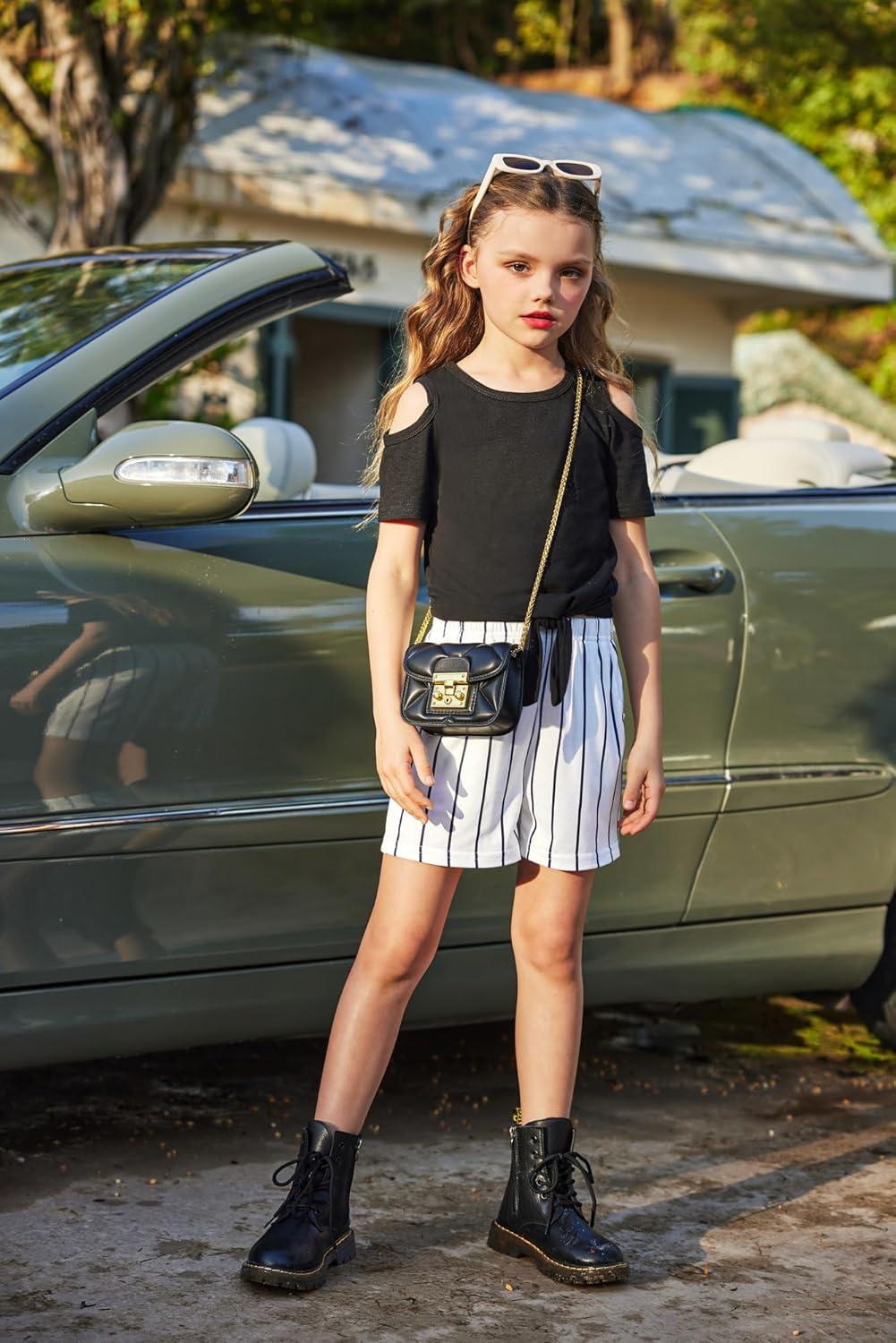 image:imageArshiner Girls Short Sets 2 Pieces Outfits Short Sleeve Tie Knot TShirts and Casual Shorts With Pockets Cute Clothes SetsBlack and White