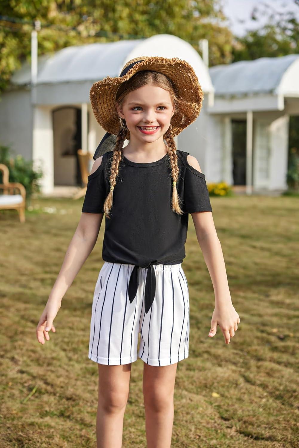 image:imageArshiner Girls Short Sets 2 Pieces Outfits Short Sleeve Tie Knot TShirts and Casual Shorts With Pockets Cute Clothes SetsBlack and White