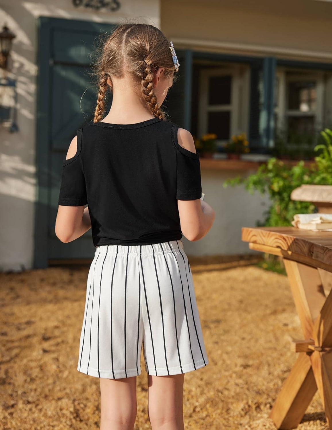 image:imageArshiner Girls Short Sets 2 Pieces Outfits Short Sleeve Tie Knot TShirts and Casual Shorts With Pockets Cute Clothes SetsBlack and White