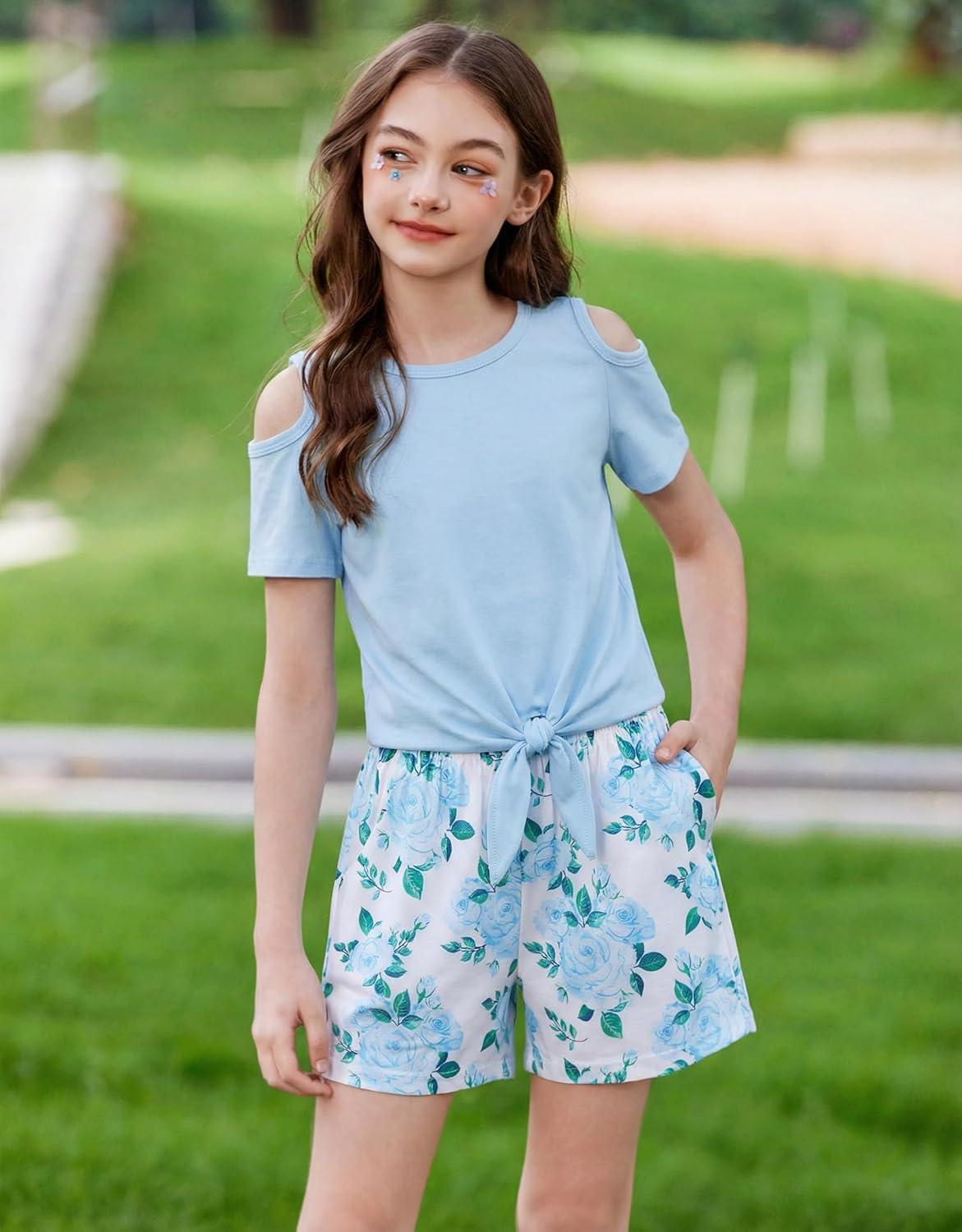 image:imageArshiner Girls Short Sets 2 Pieces Outfits Short Sleeve Tie Knot TShirts and Casual Shorts With Pockets Cute Clothes SetsBlue Floral Print