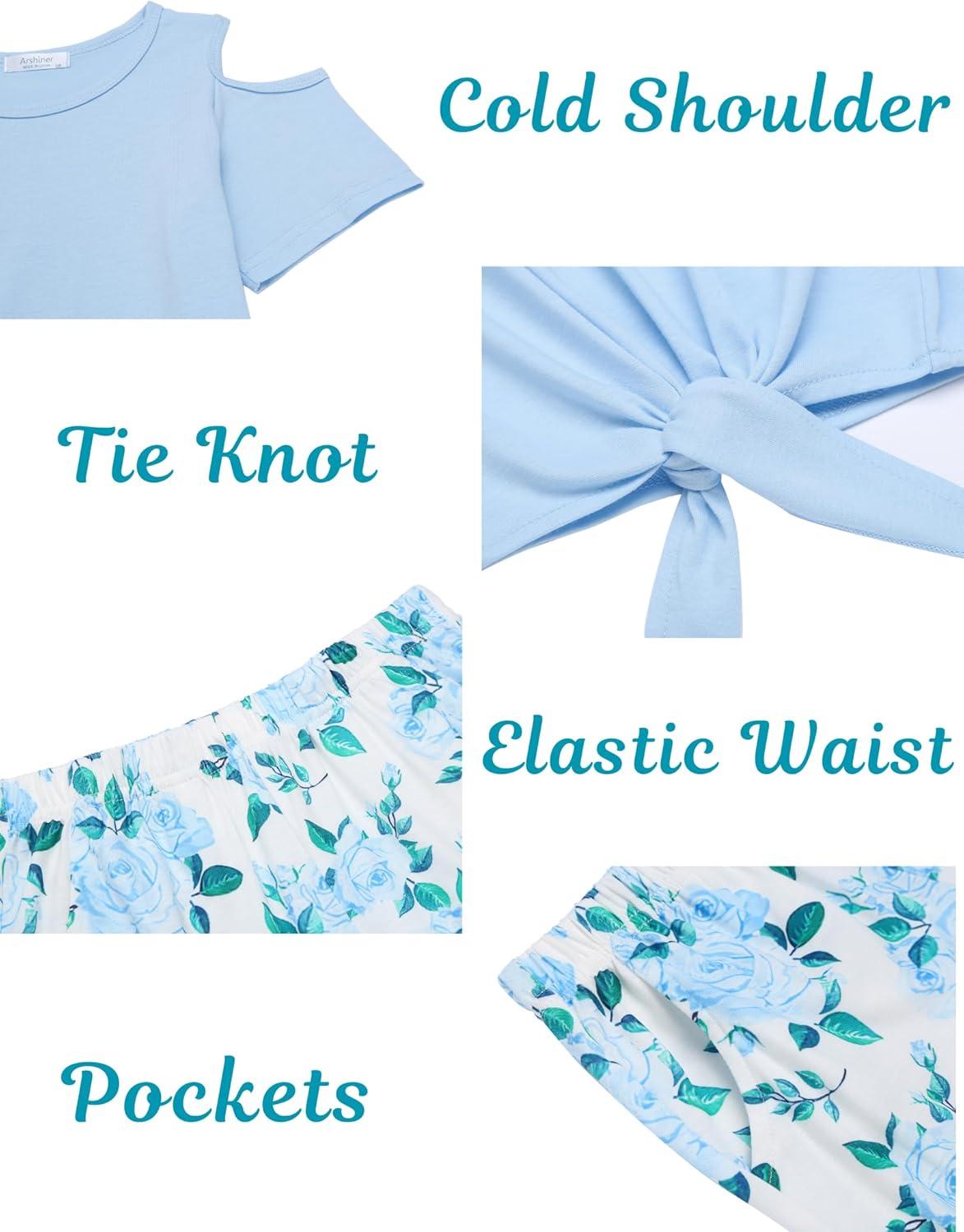 image:imageArshiner Girls Short Sets 2 Pieces Outfits Short Sleeve Tie Knot TShirts and Casual Shorts With Pockets Cute Clothes SetsBlue Floral Print