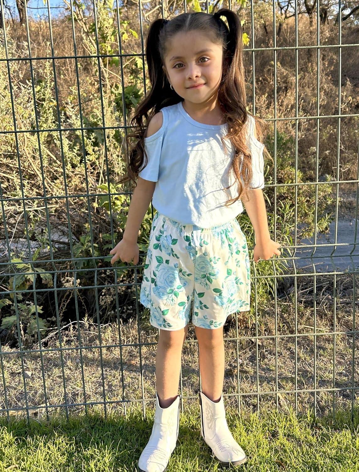 image:imageArshiner Girls Short Sets 2 Pieces Outfits Short Sleeve Tie Knot TShirts and Casual Shorts With Pockets Cute Clothes SetsBlue Floral Print