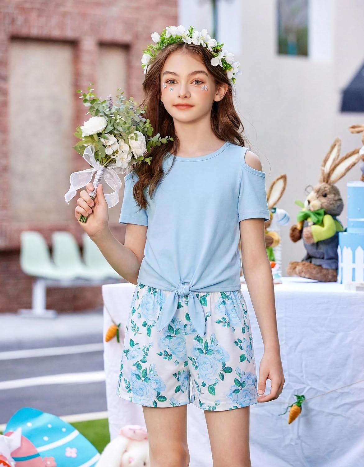 image:imageArshiner Girls Short Sets 2 Pieces Outfits Short Sleeve Tie Knot TShirts and Casual Shorts With Pockets Cute Clothes SetsBlue Floral Print