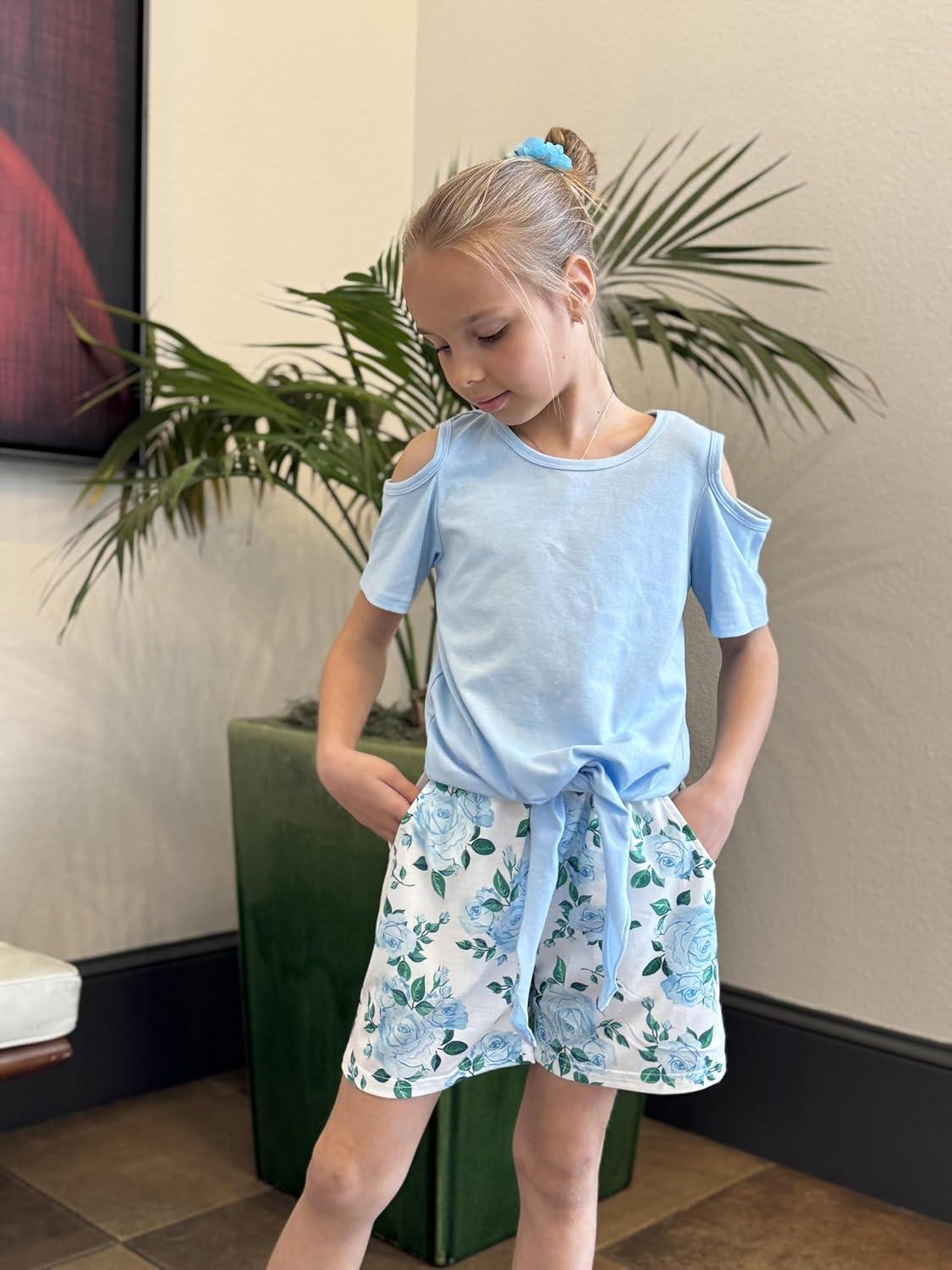 image:imageArshiner Girls Short Sets 2 Pieces Outfits Short Sleeve Tie Knot TShirts and Casual Shorts With Pockets Cute Clothes SetsBlue Floral Print