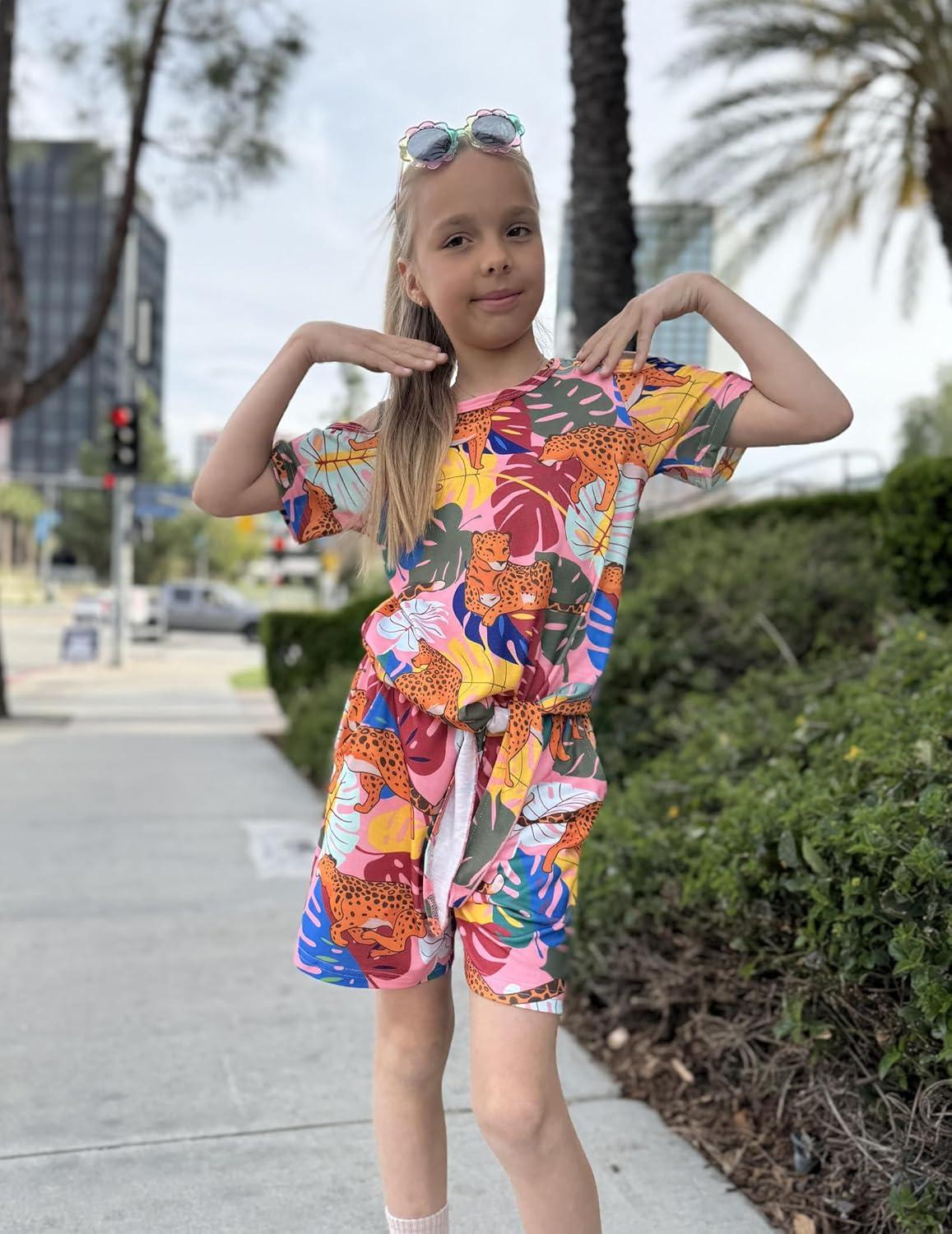 image:imageArshiner Girls Short Sets 2 Pieces Outfits Short Sleeve Tie Knot TShirts and Casual Shorts With Pockets Cute Clothes SetsHawaiian